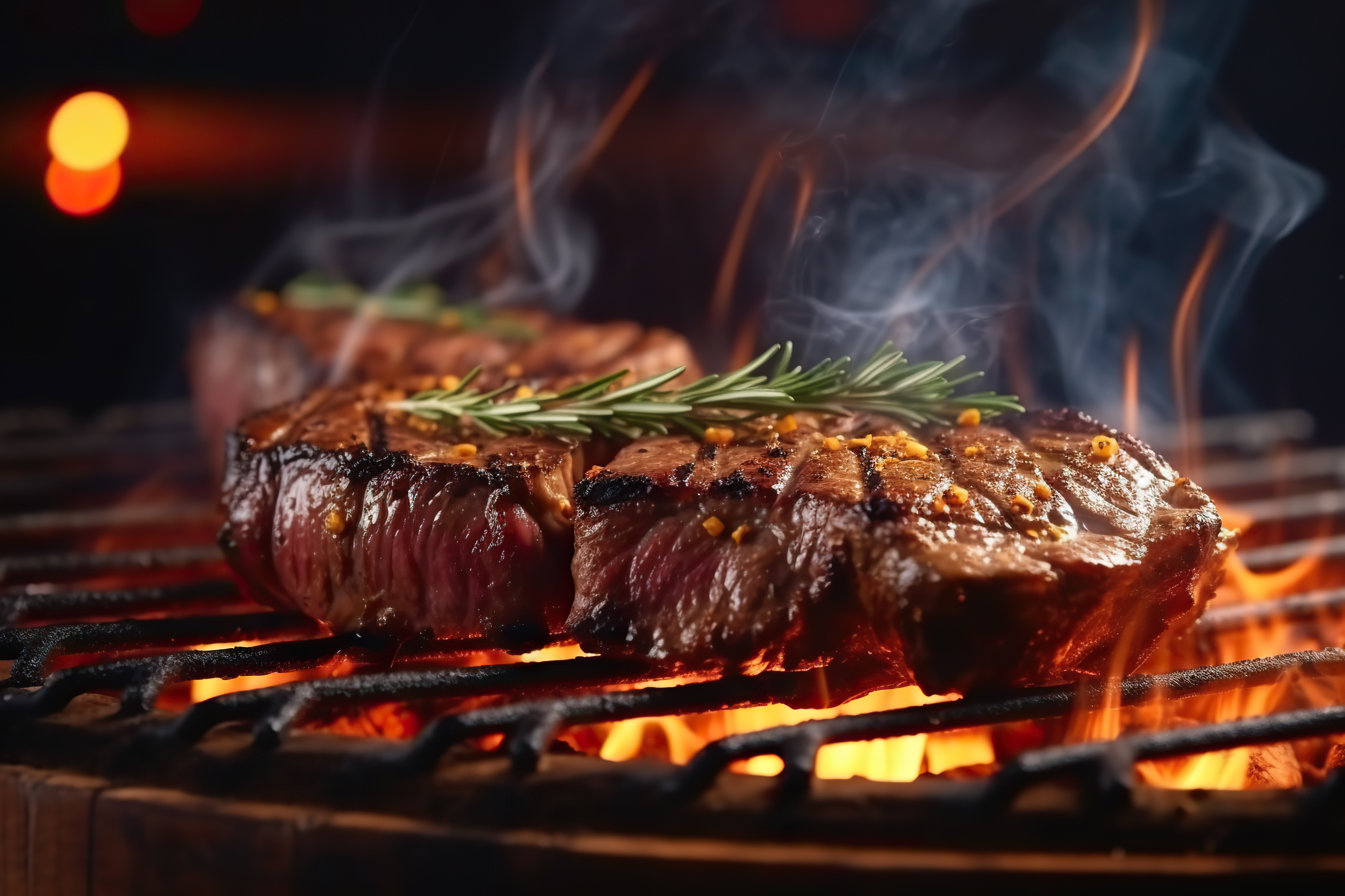 Beef steak on the grill with smoke and flames
