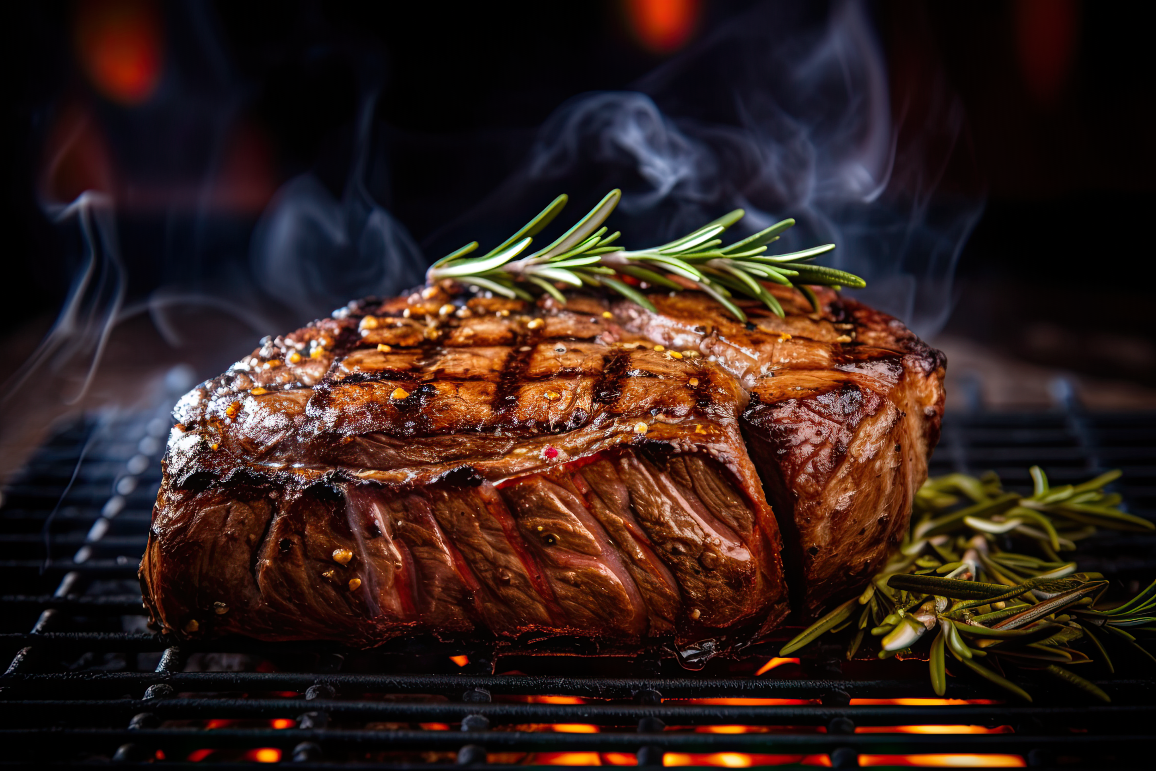 Beef steak on the grill with smoke and flames