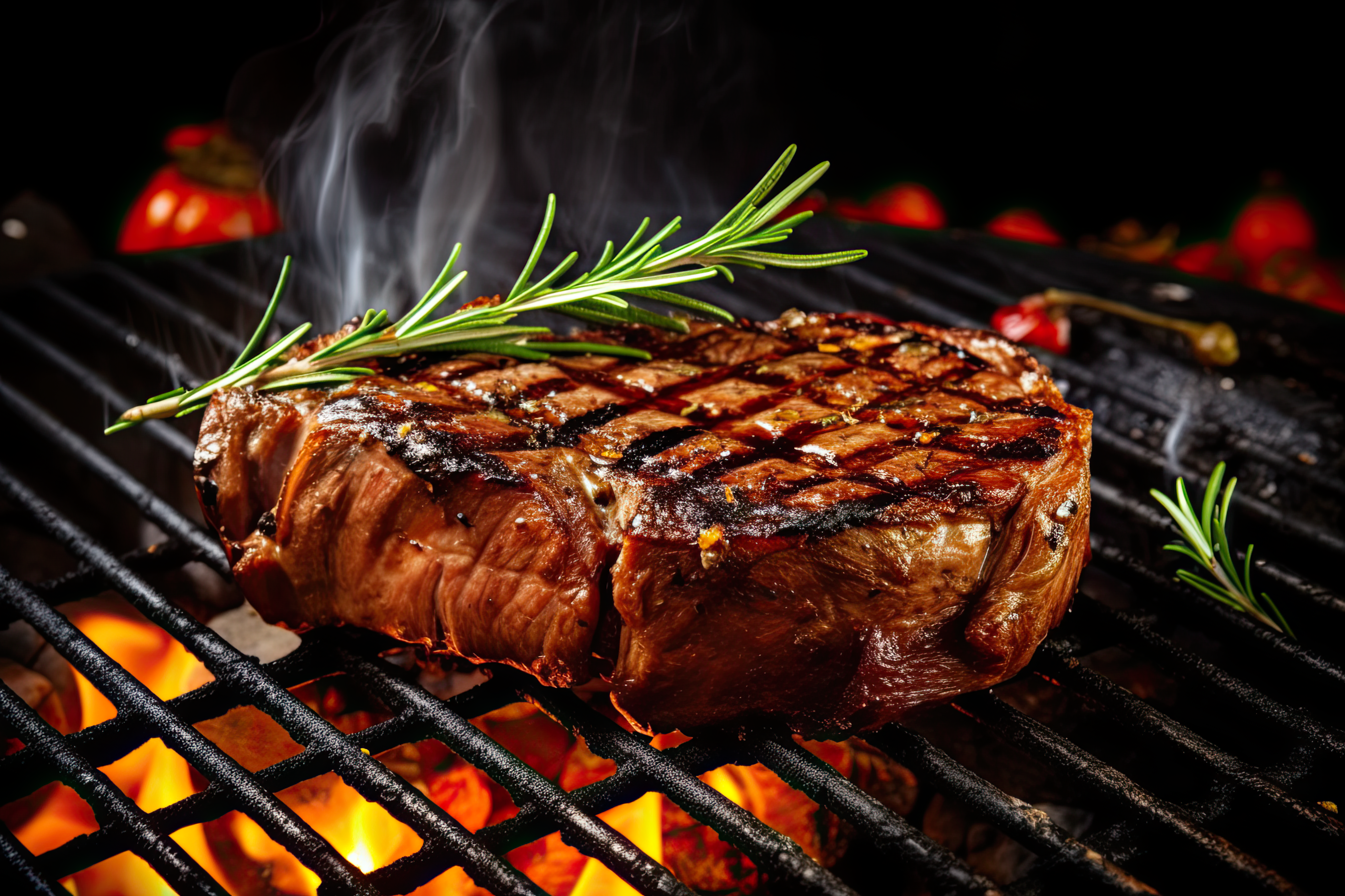Beef steak on the grill with smoke and flames