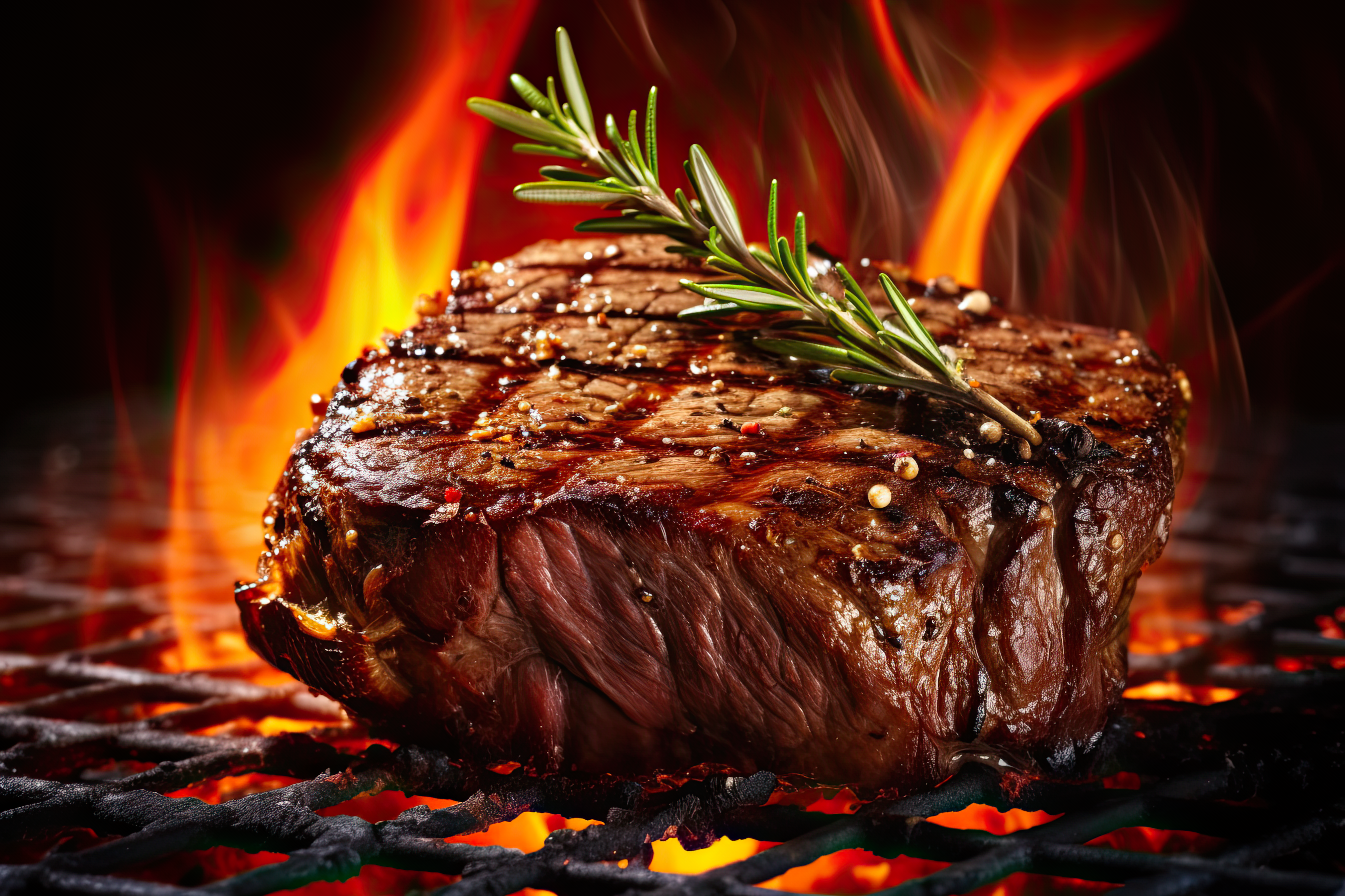 Beef steak on the grill with smoke and flames