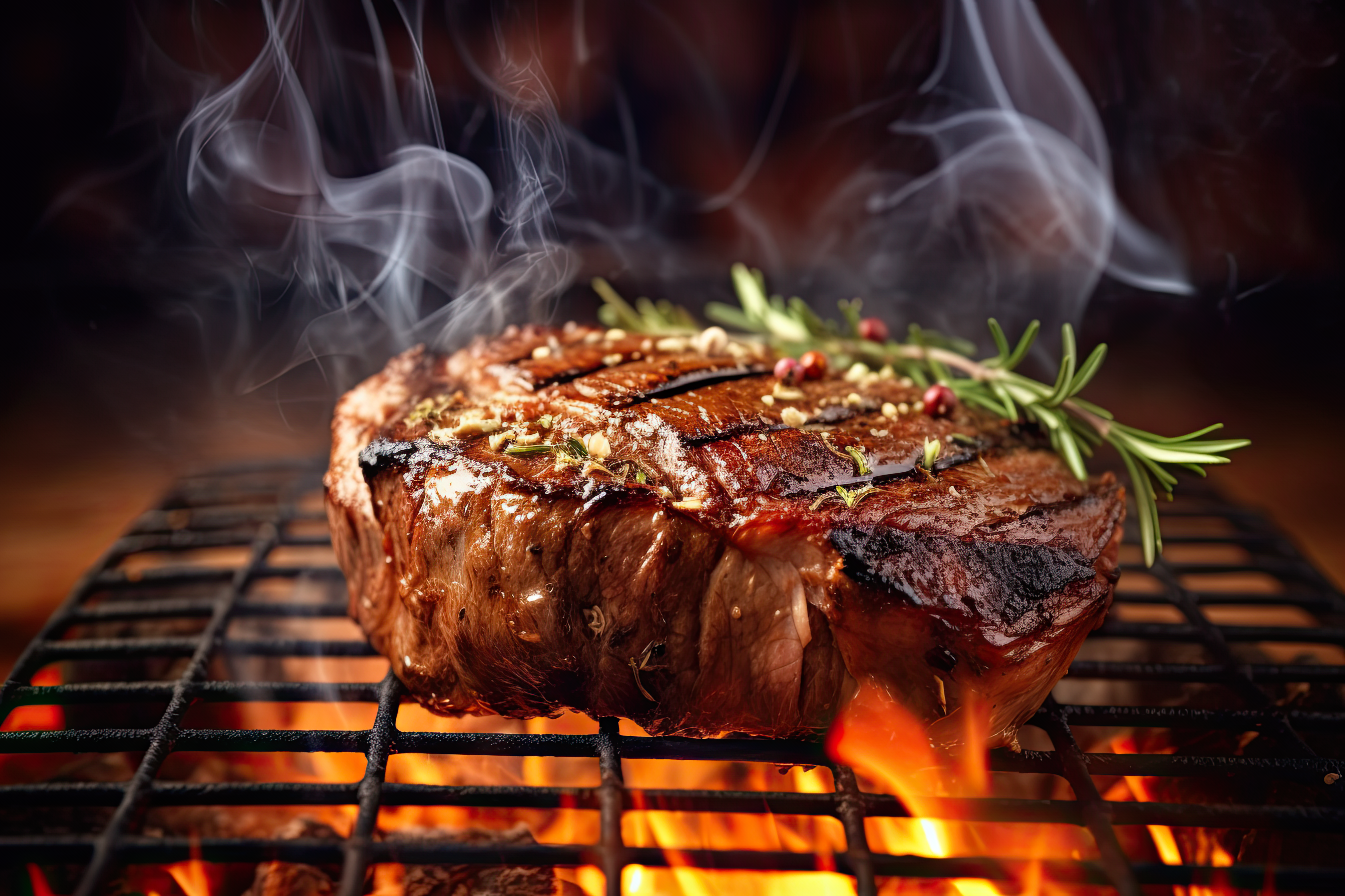 Beef steak on the grill with smoke and flames