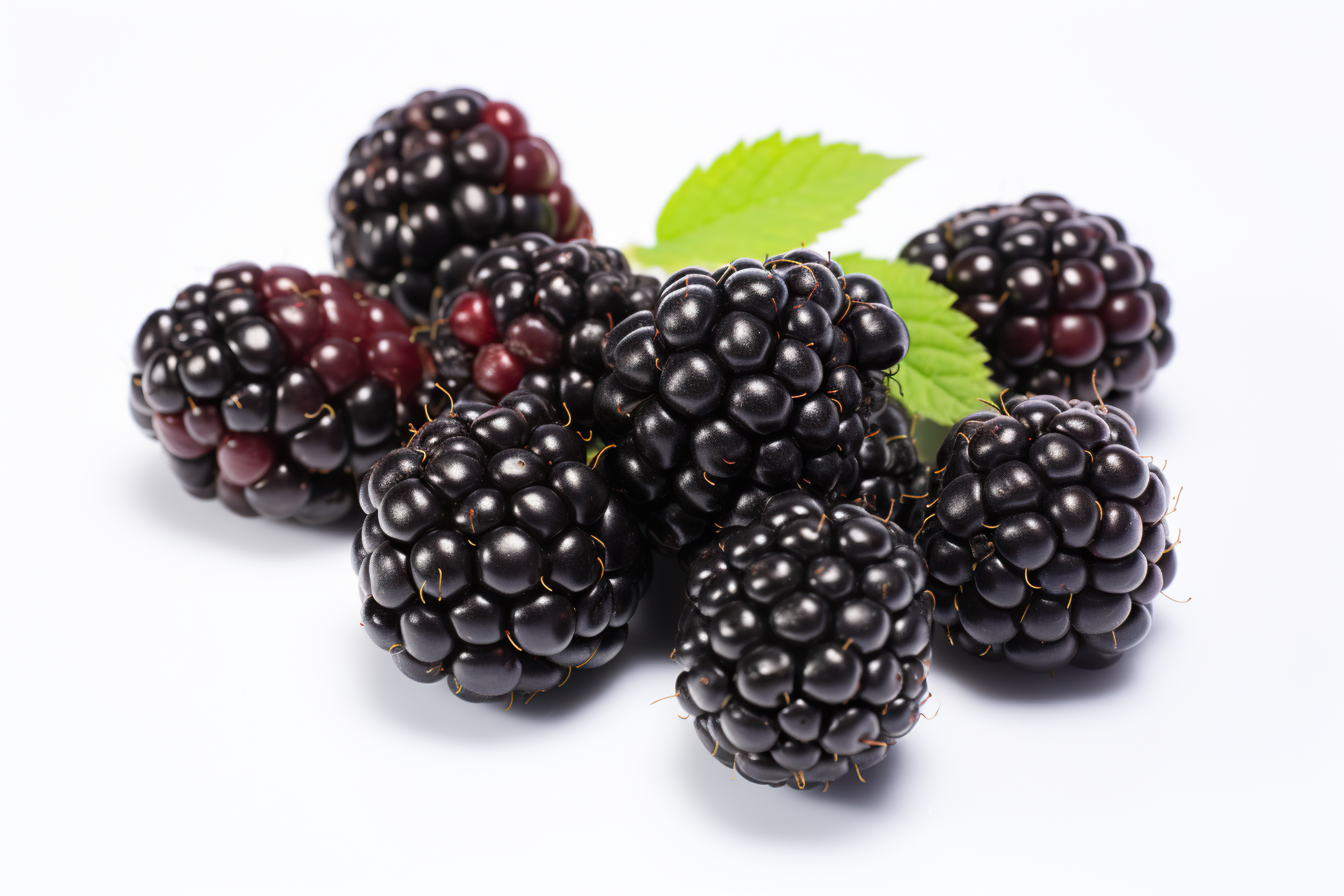 Blackberries with green leaves isolated on white background