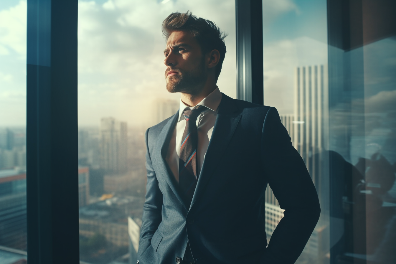 Businnessman standing and looking outside of the window