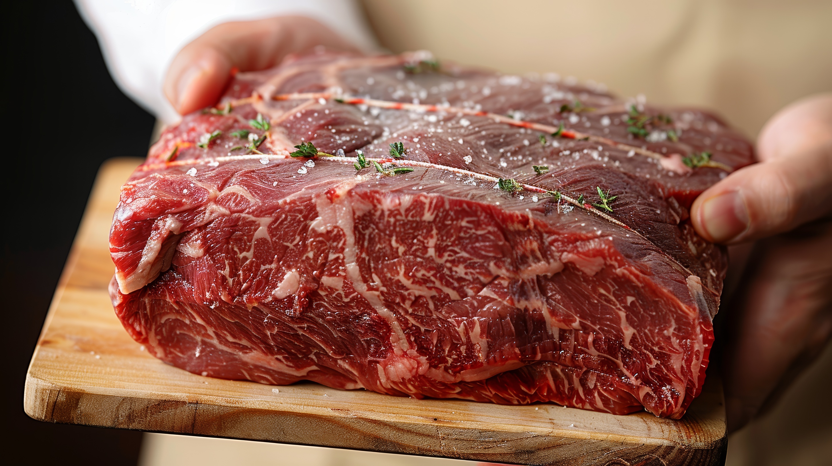 Chef holding piece of cut beef with both hands