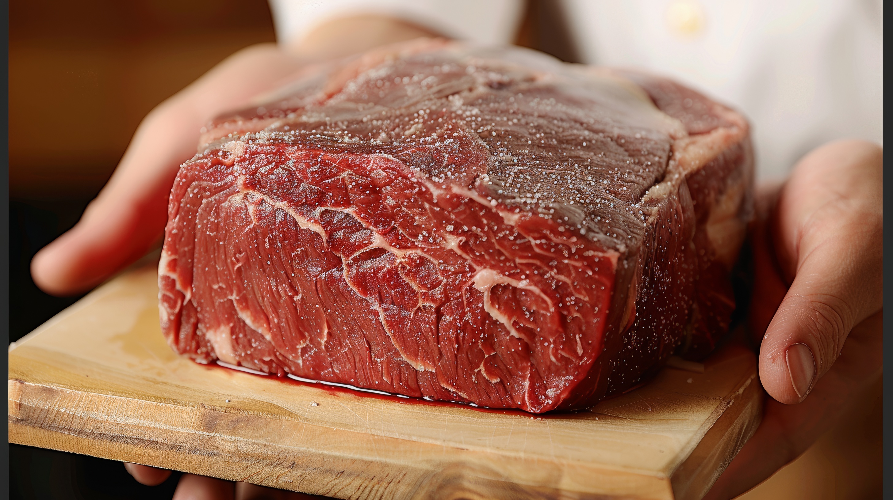 Chef holding piece of cut beef with both hands