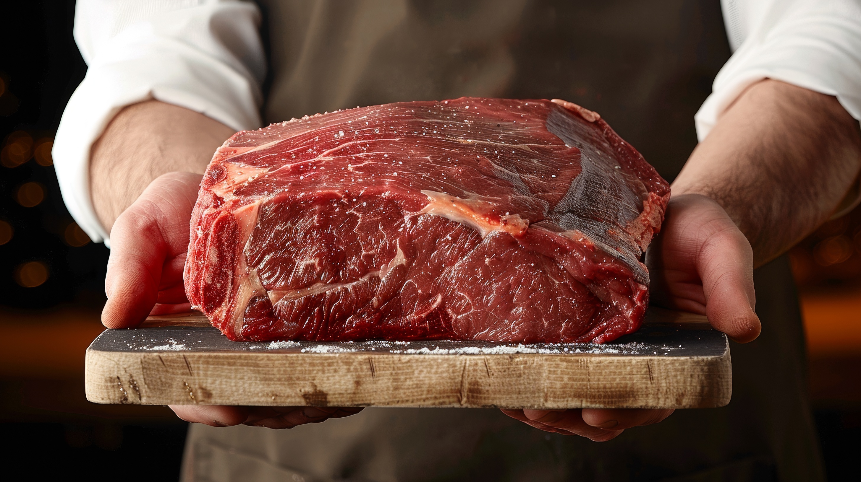 Chef holding piece of cut beef with both hands