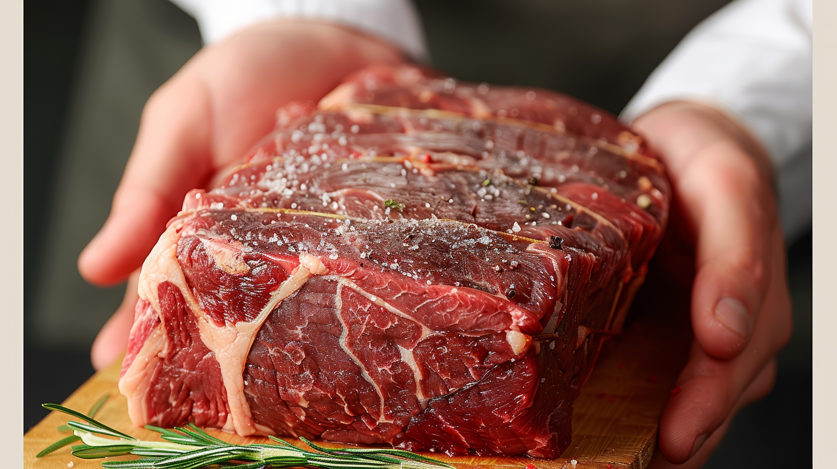 Chef holding piece of cut beef with both hands