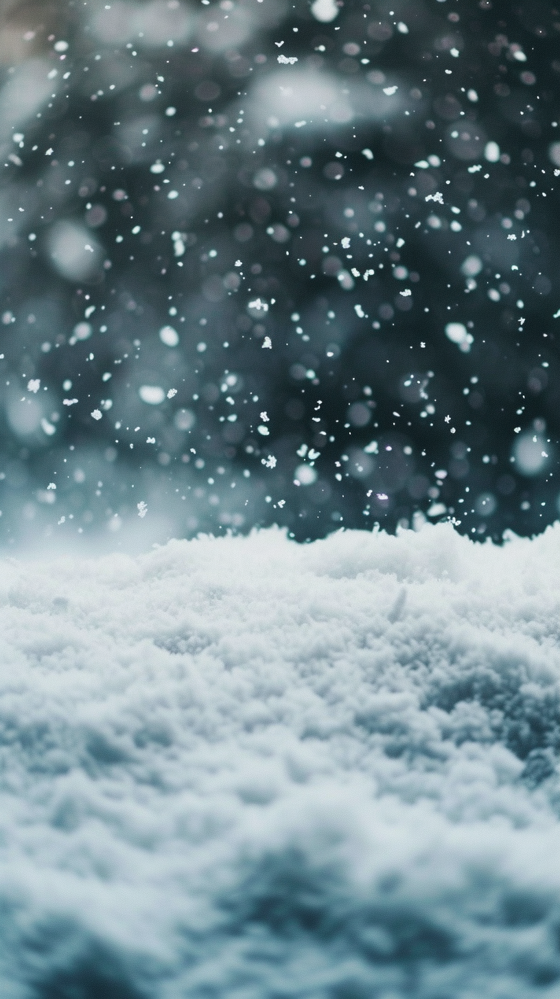 Close-up shot of Snowfall. Dark winter forest background