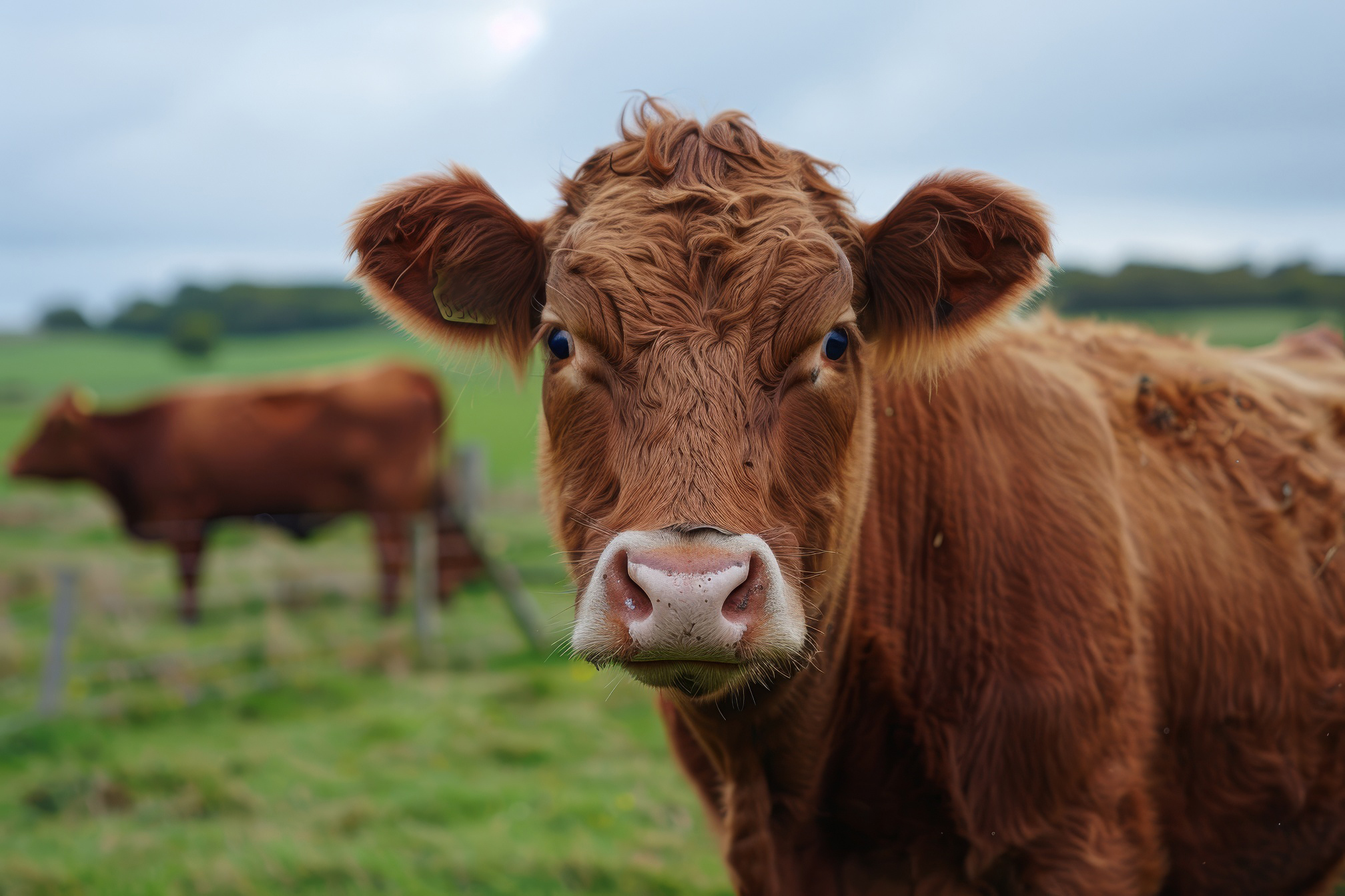 Close-up shot of a brown cow on a meadow