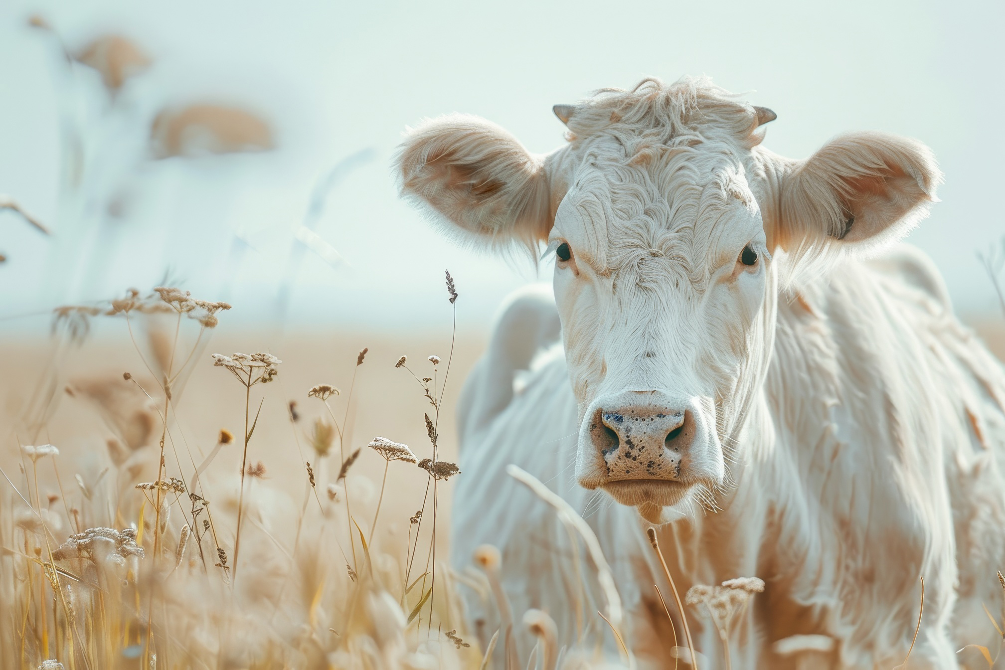 Close-up shot of a white cow
