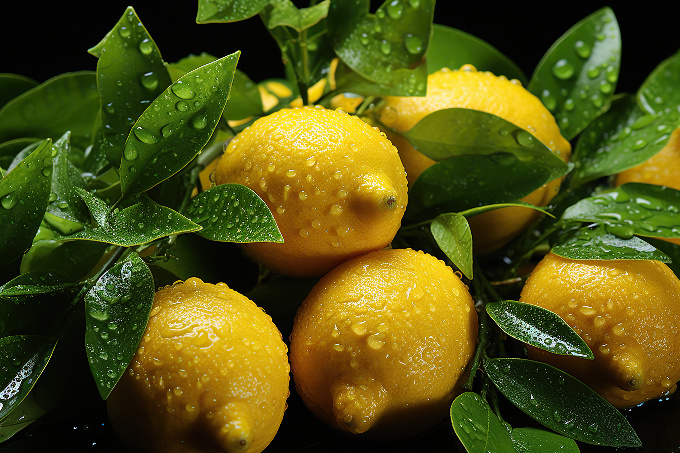 Close-up shot of lemon with green leaves and water droplets on dark background
