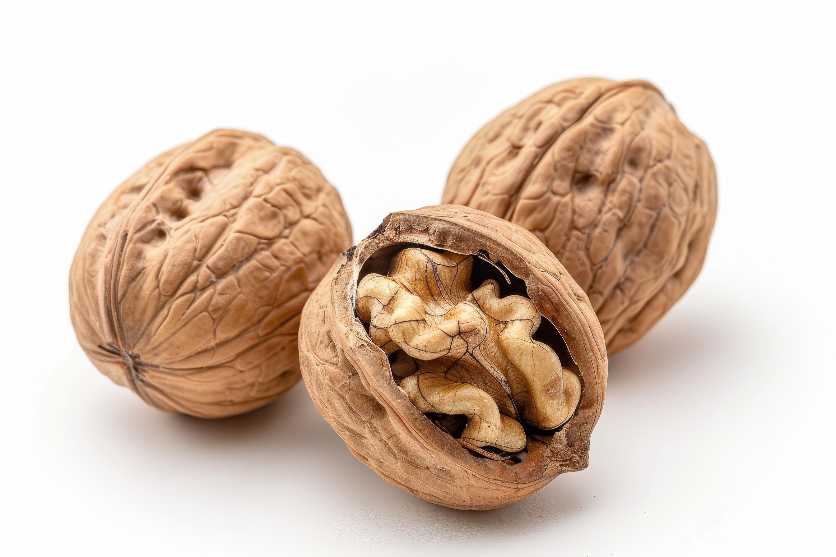 Close up of walnuts in the shell on white background