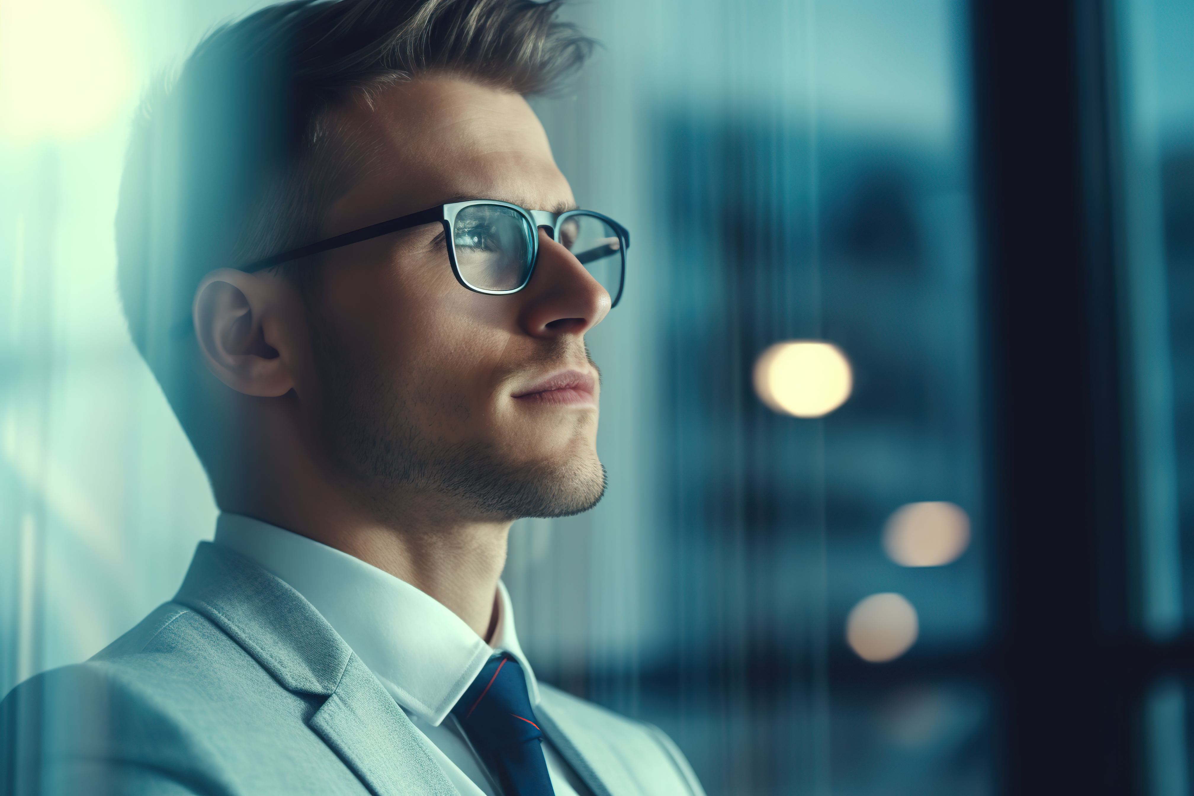 Close up shot of a handsome businessman looking outside of the window