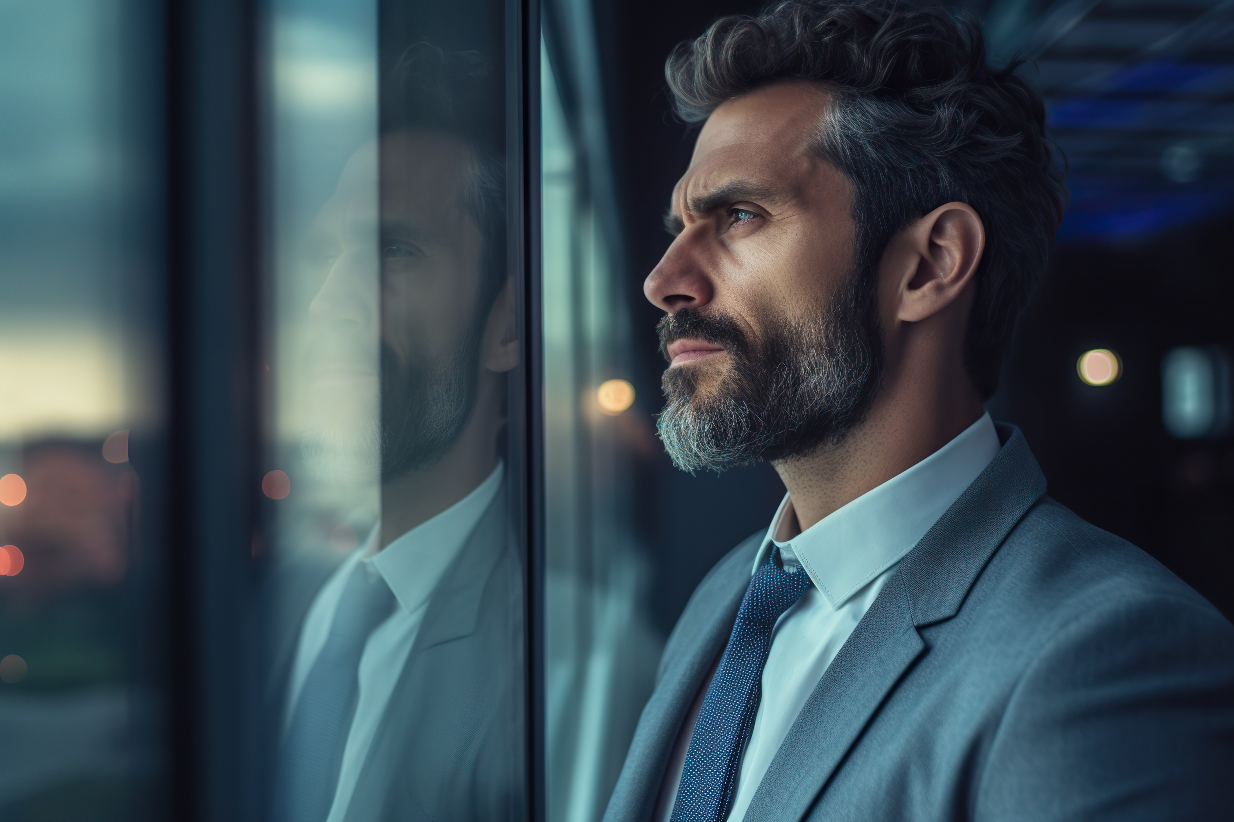 Close up shot of a handsome businessman looking outside of the window