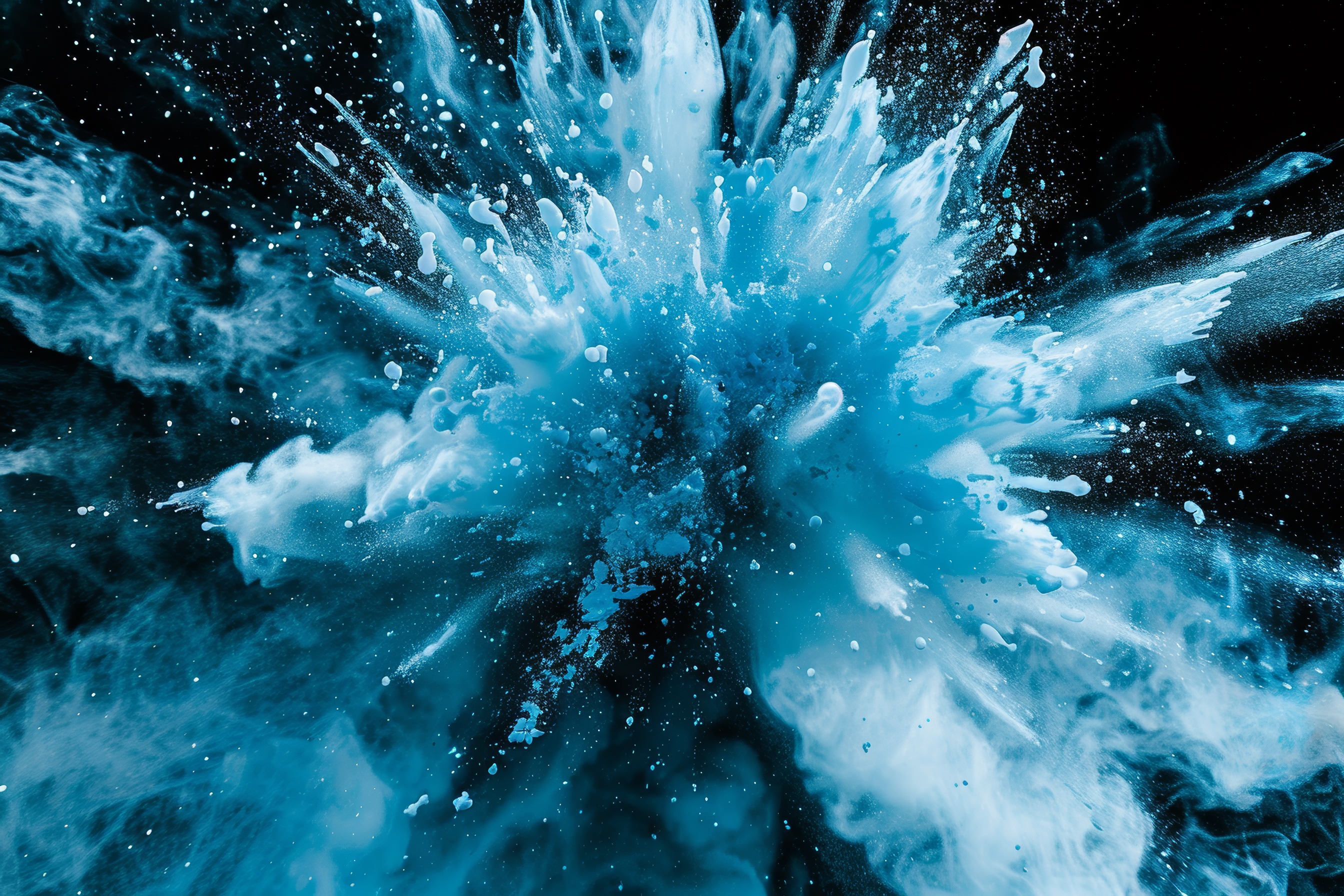 Colored cyan powder explosion on a black background