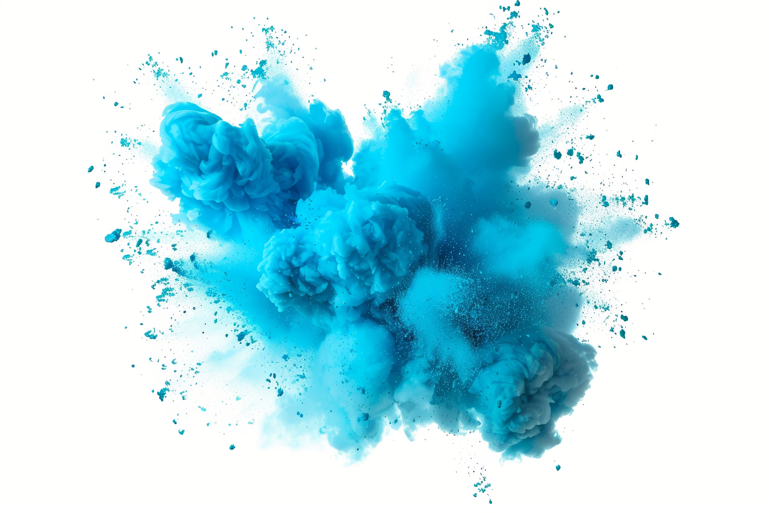 Colored cyan powder explosion on white background