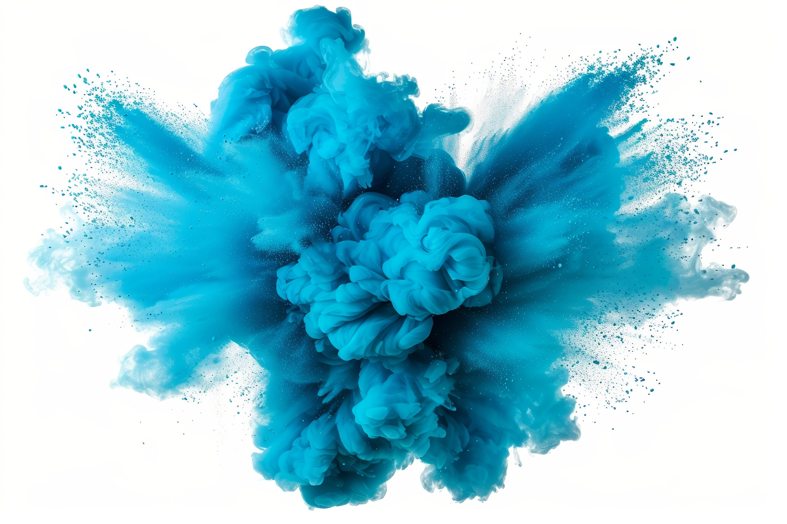 Colored cyan powder explosion on white background