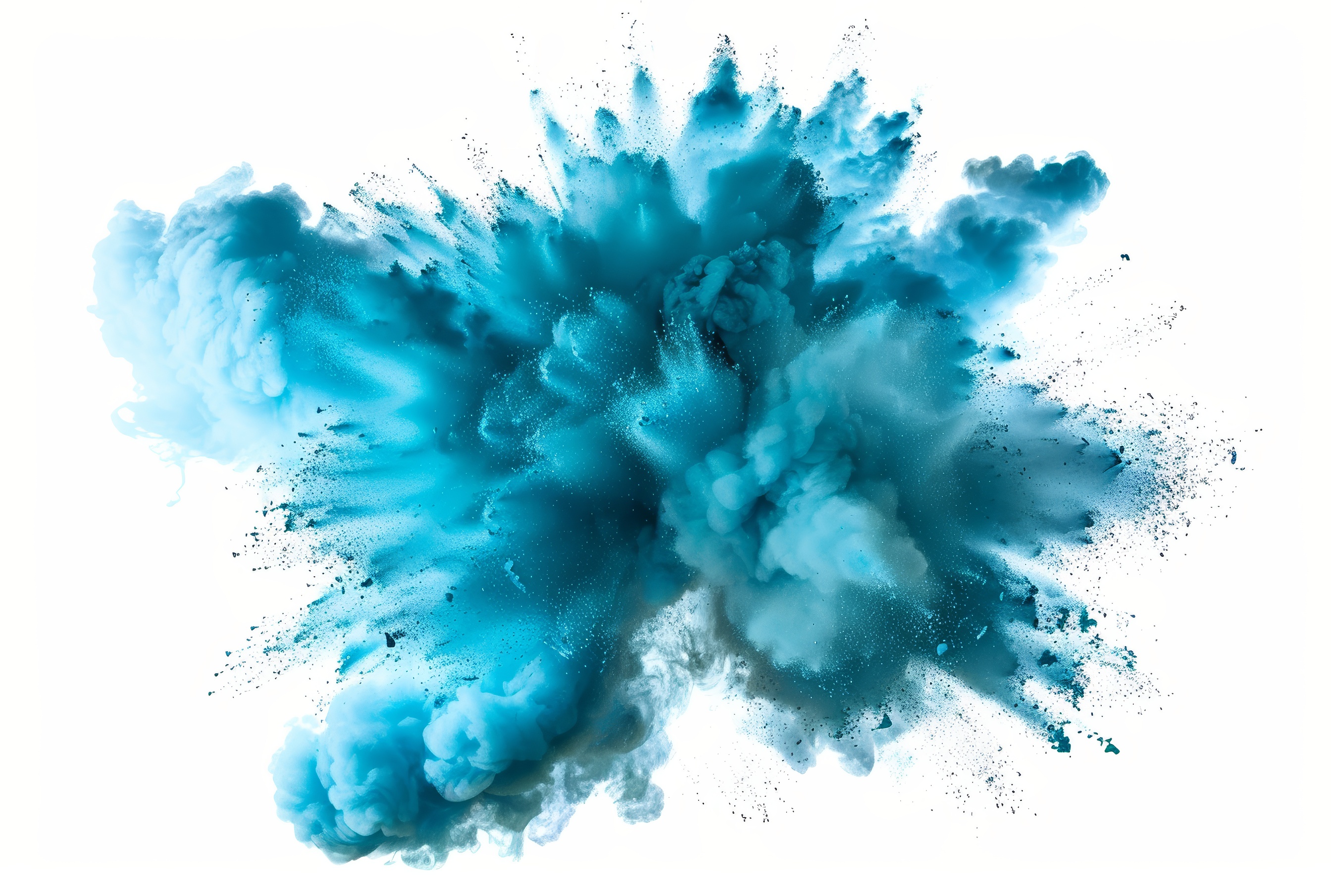Colored cyan powder explosion on white background