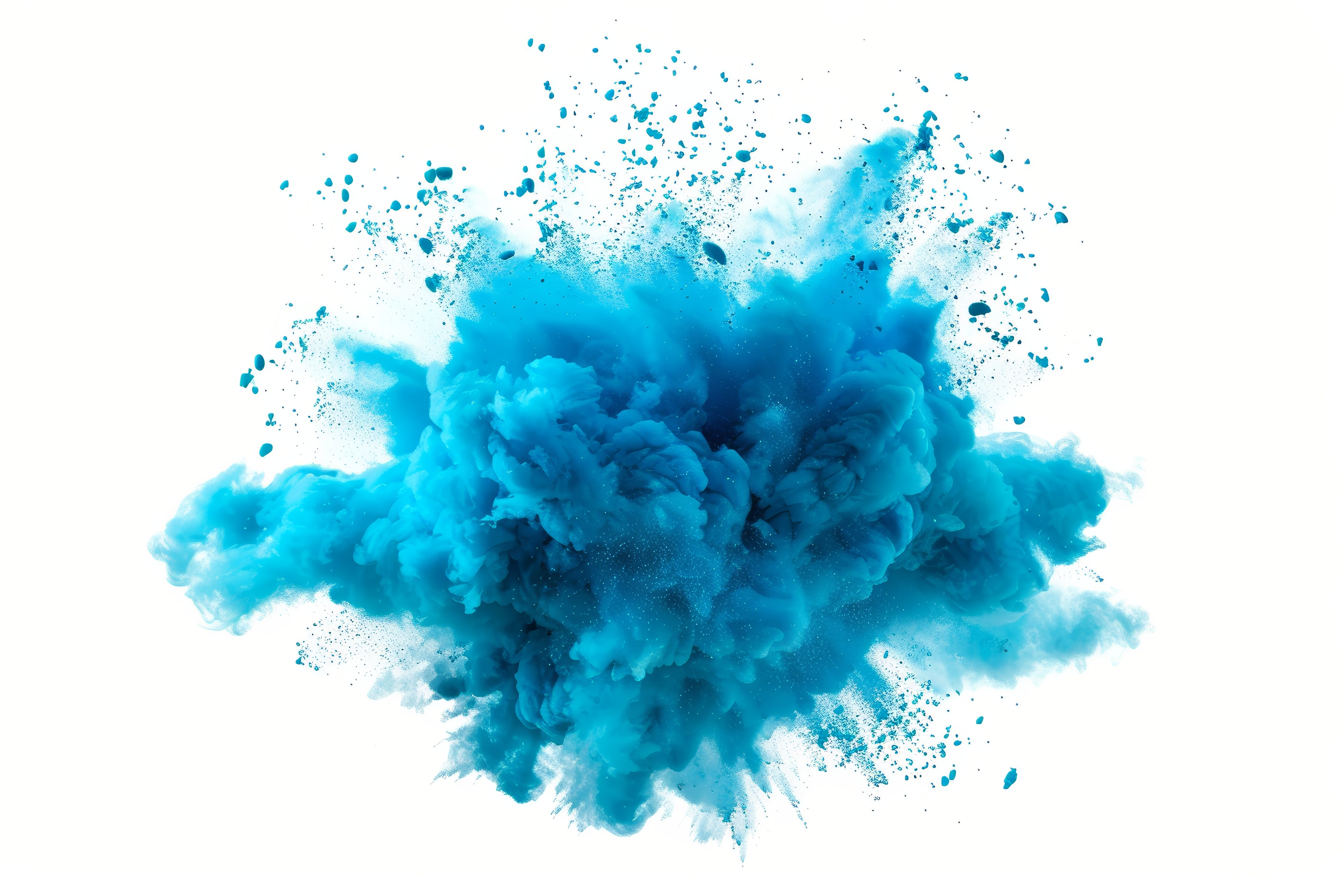 Colored cyan powder explosion on white background