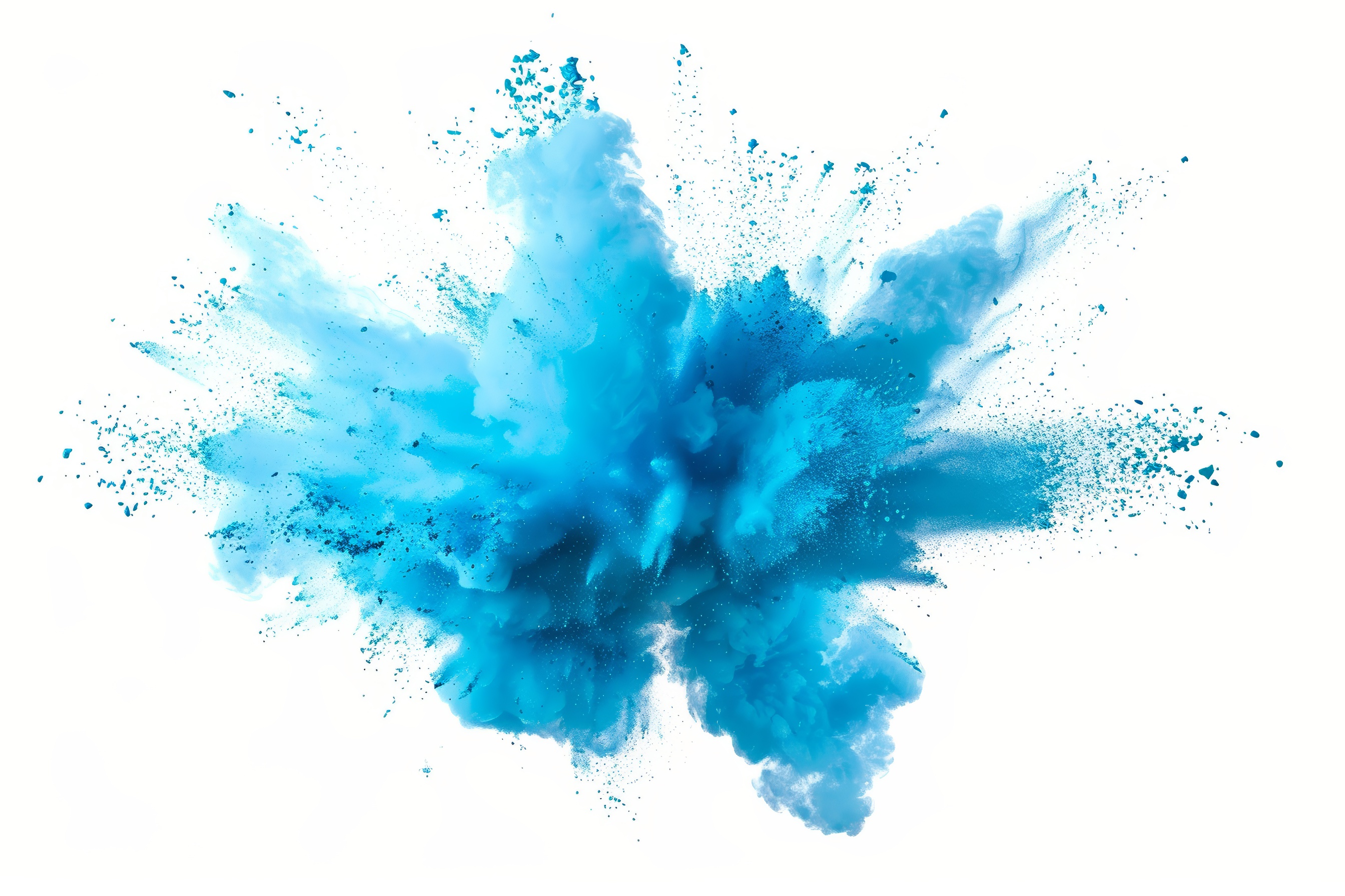 Colored cyan powder explosion on white background