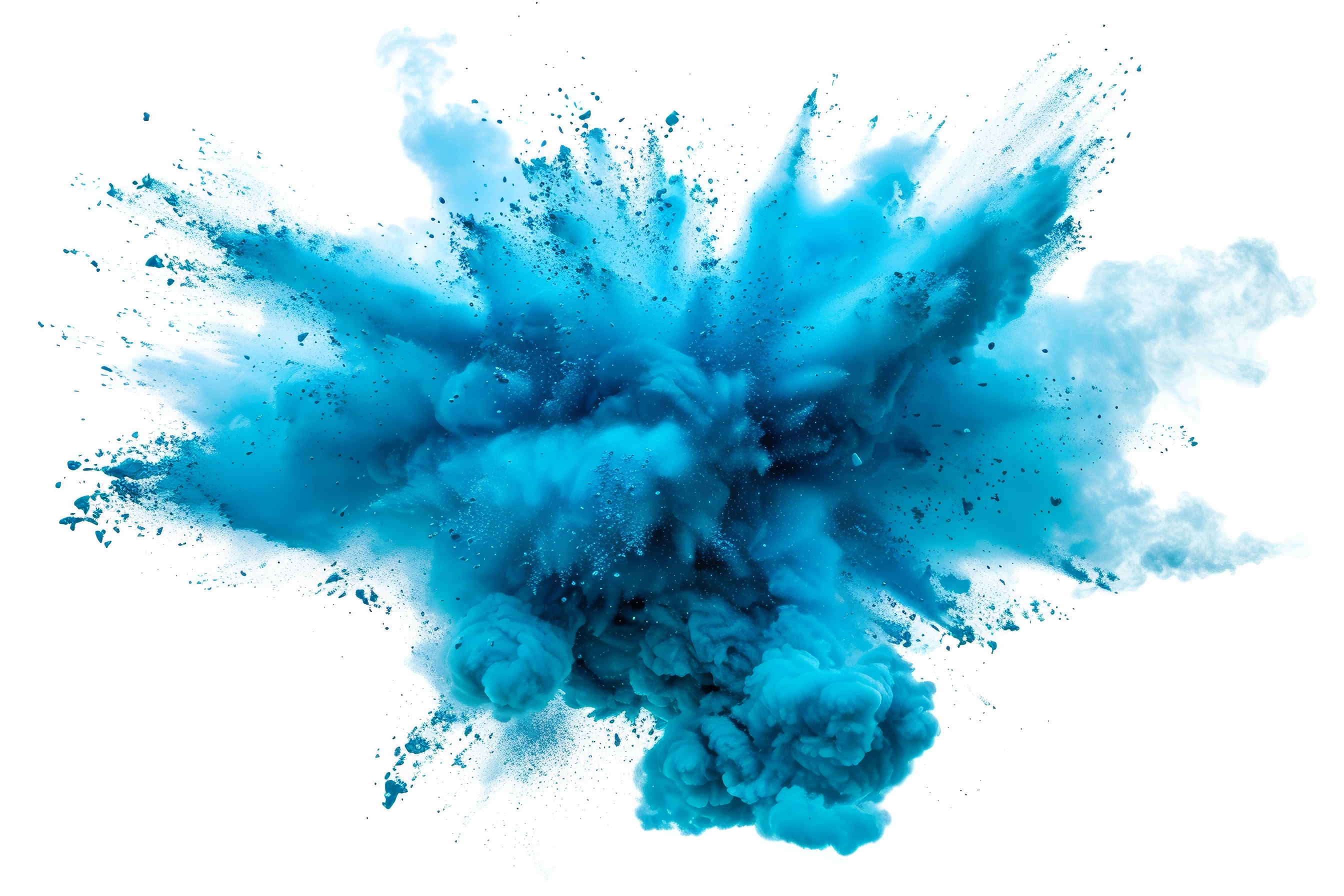 Colored cyan powder explosion on white background