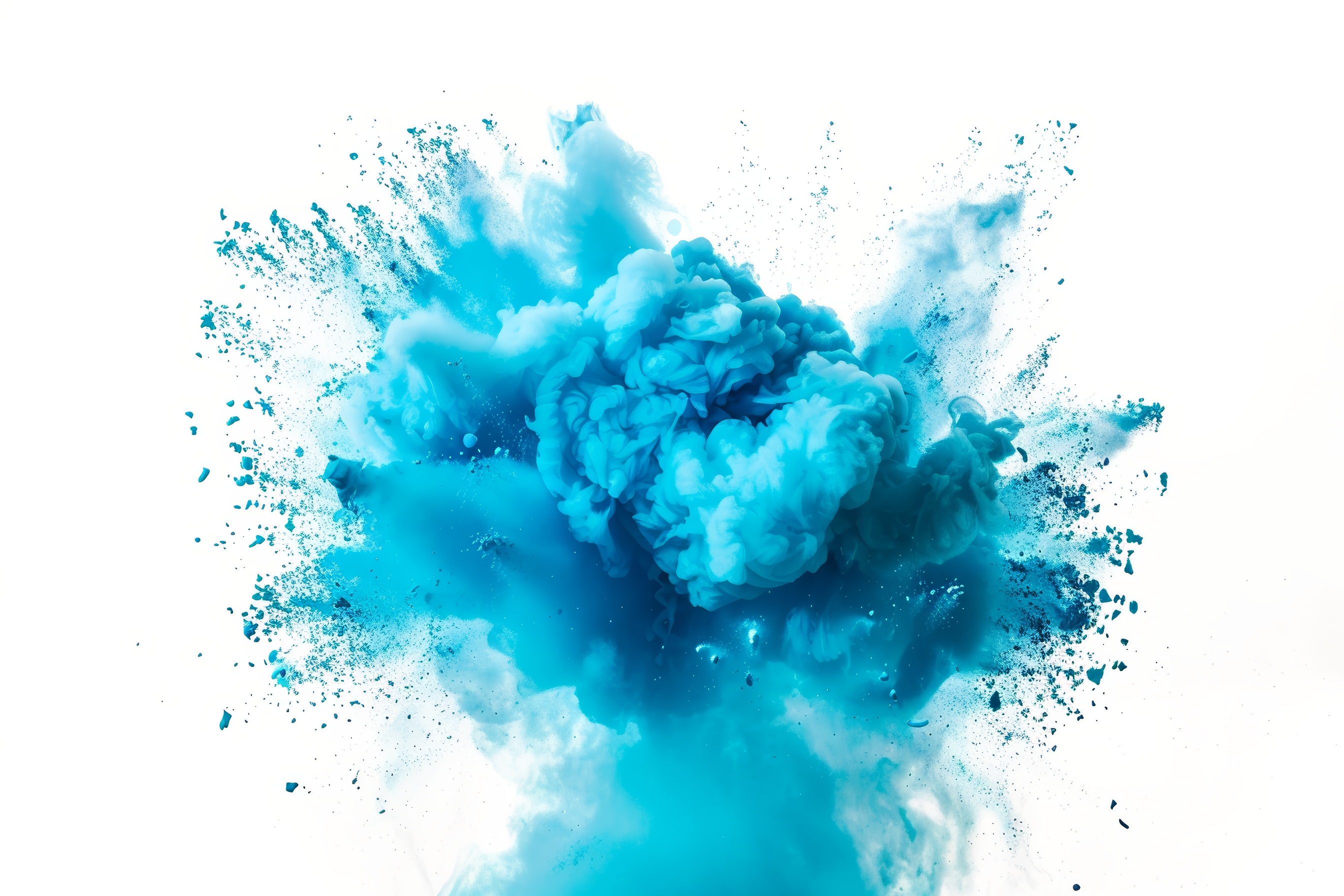 Colored cyan powder explosion on white background