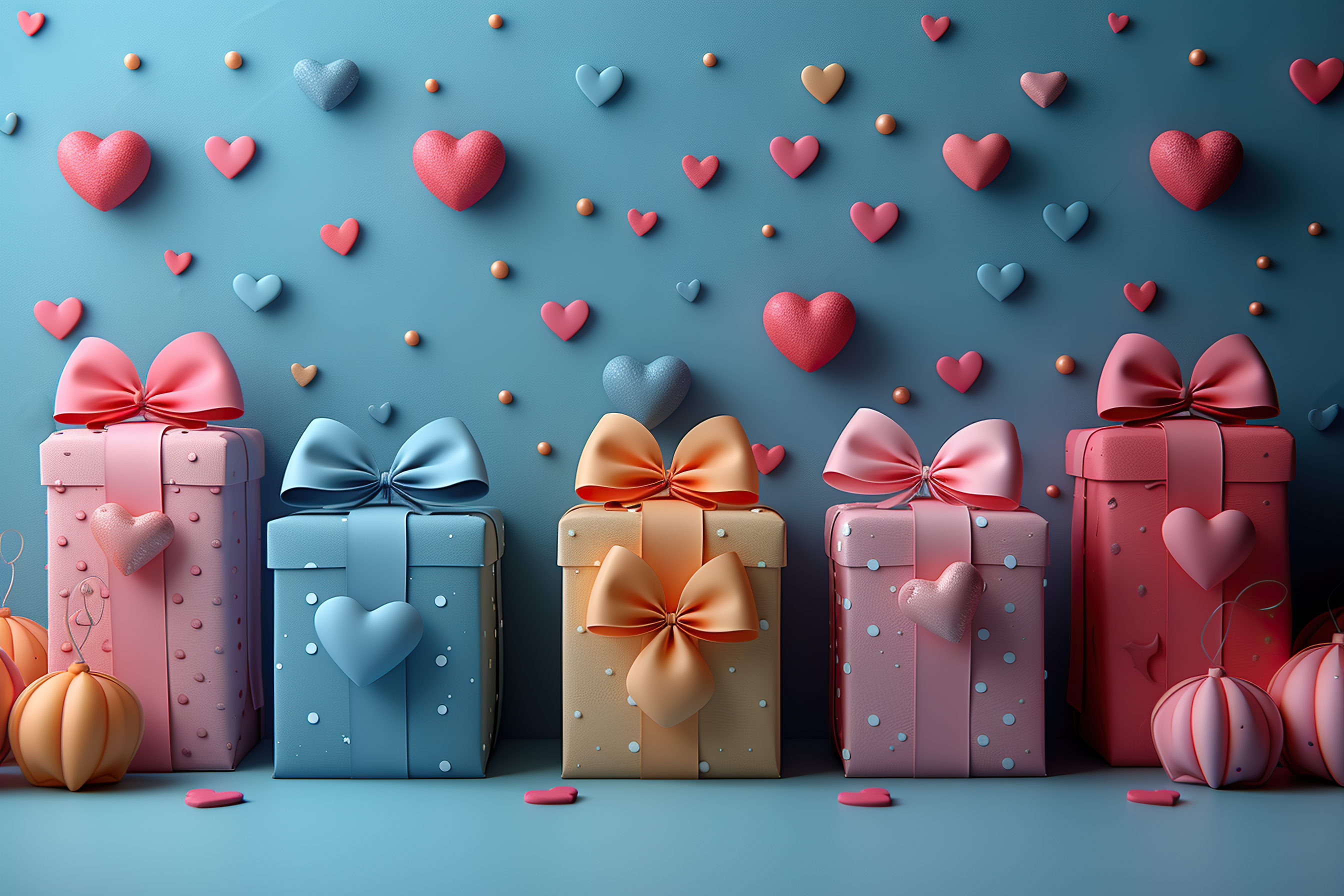 Colorful gift boxes for a valentines and confetti on blue background