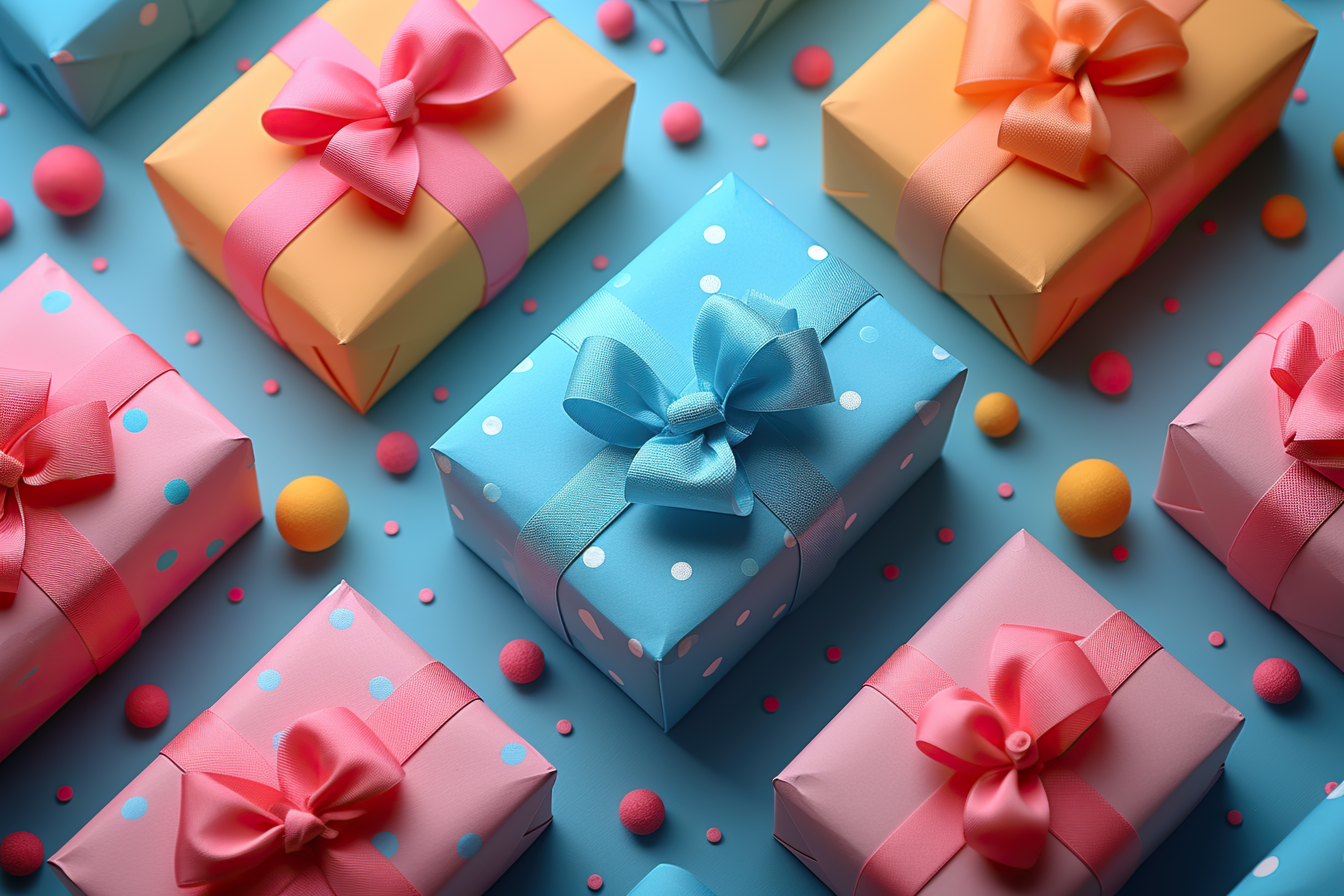 Colorful gift boxes for a valentines and confetti on blue background