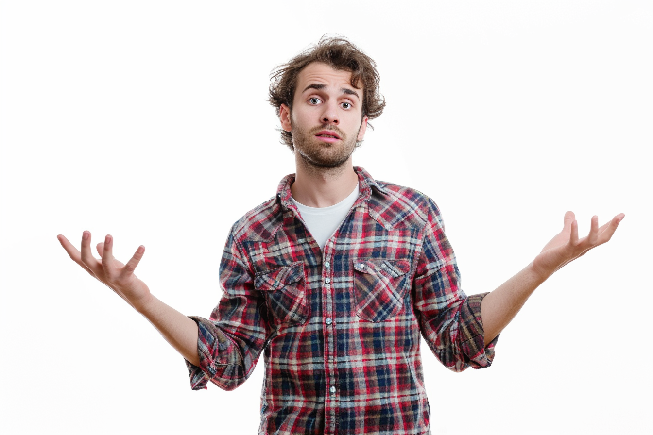 Confused young man on white background, AI Generative