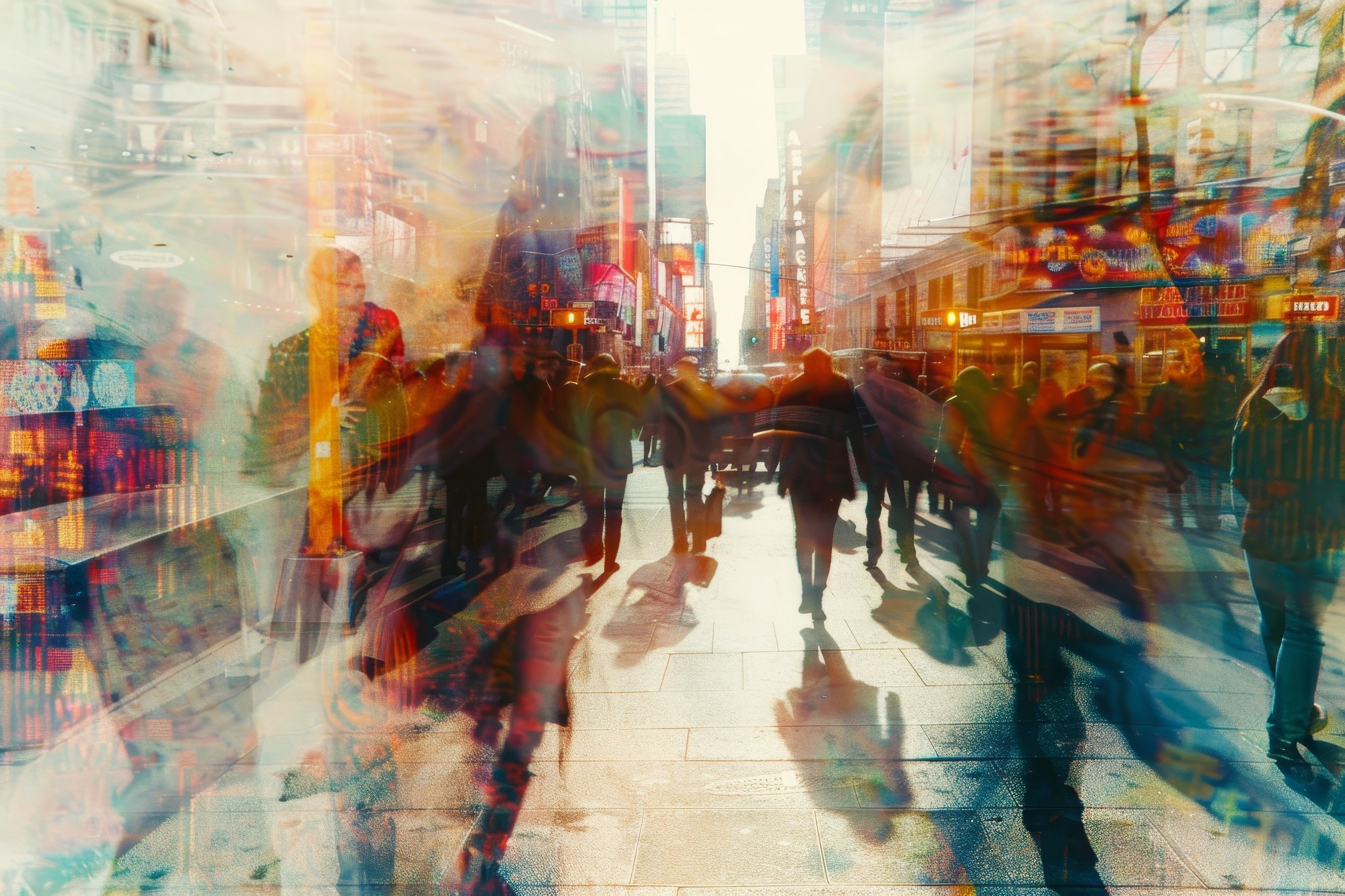 Crowd of anonymous people walking on busy city street