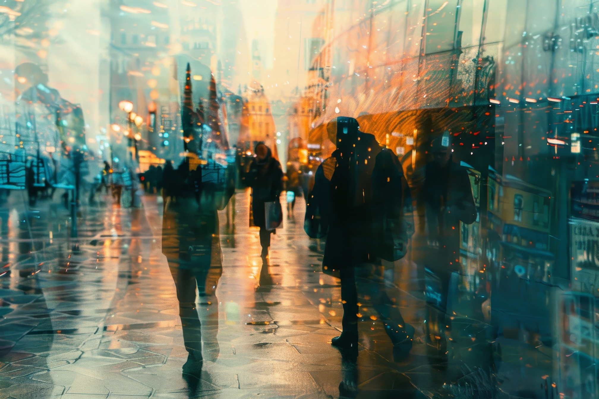 Crowd of anonymous people walking on busy city street