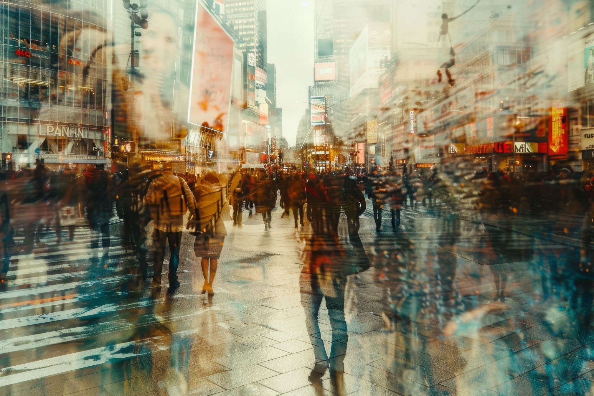 Crowd of anonymous people walking on busy city street