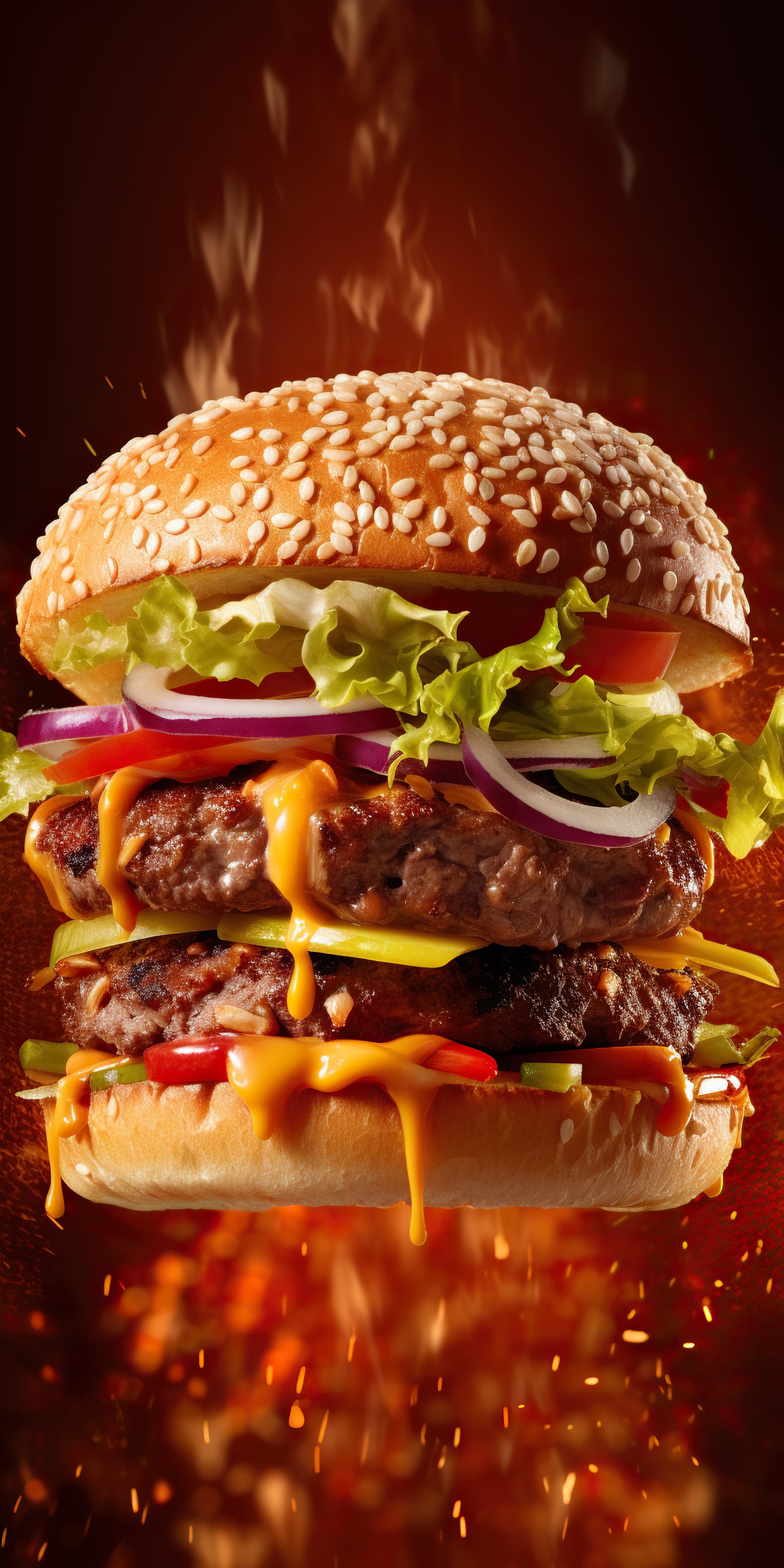 Delicious burger with melted cheese tomatoes onion and salad on dark background