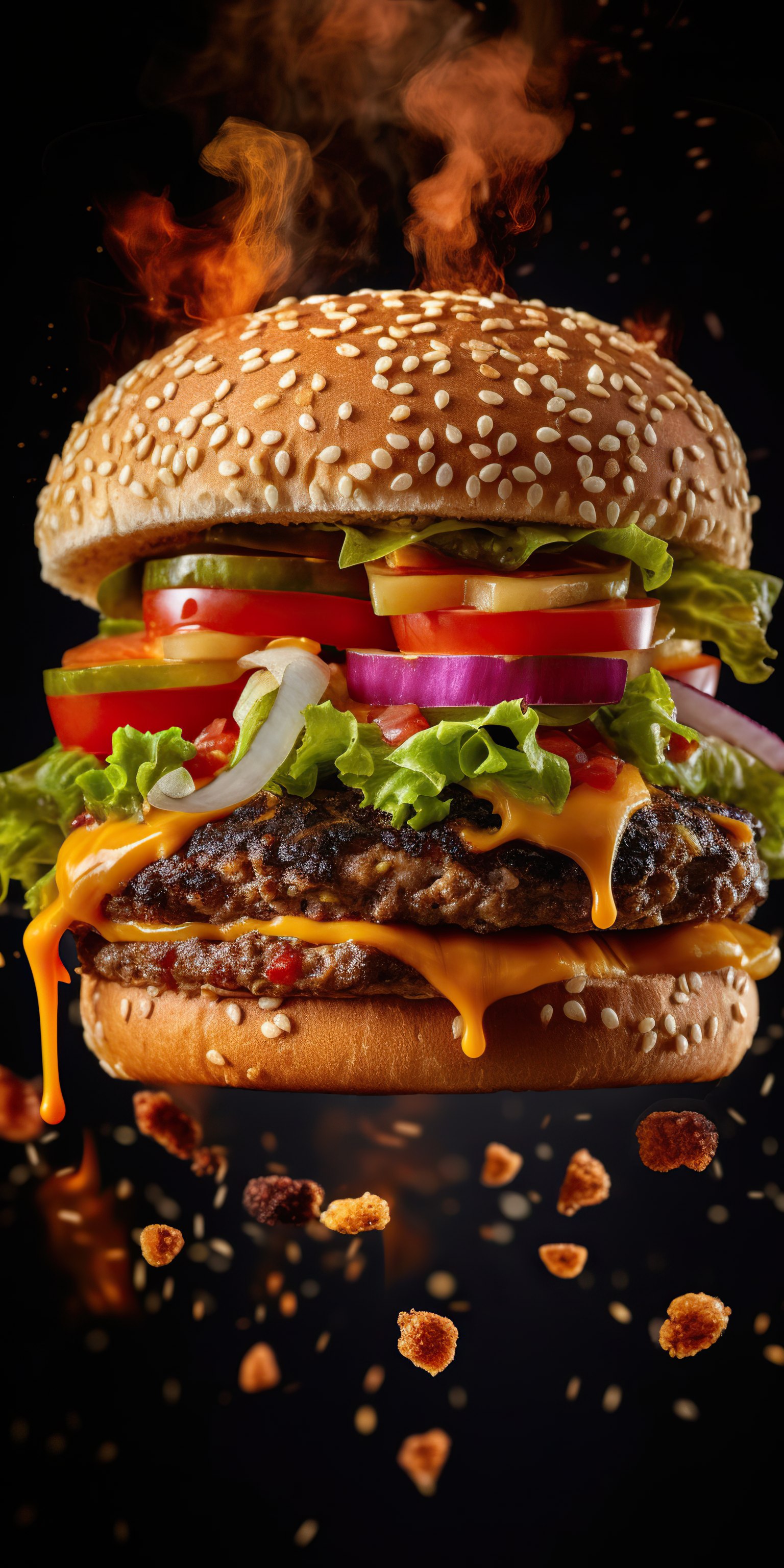 Delicious burger with melted cheese tomatoes onion and salad on dark background