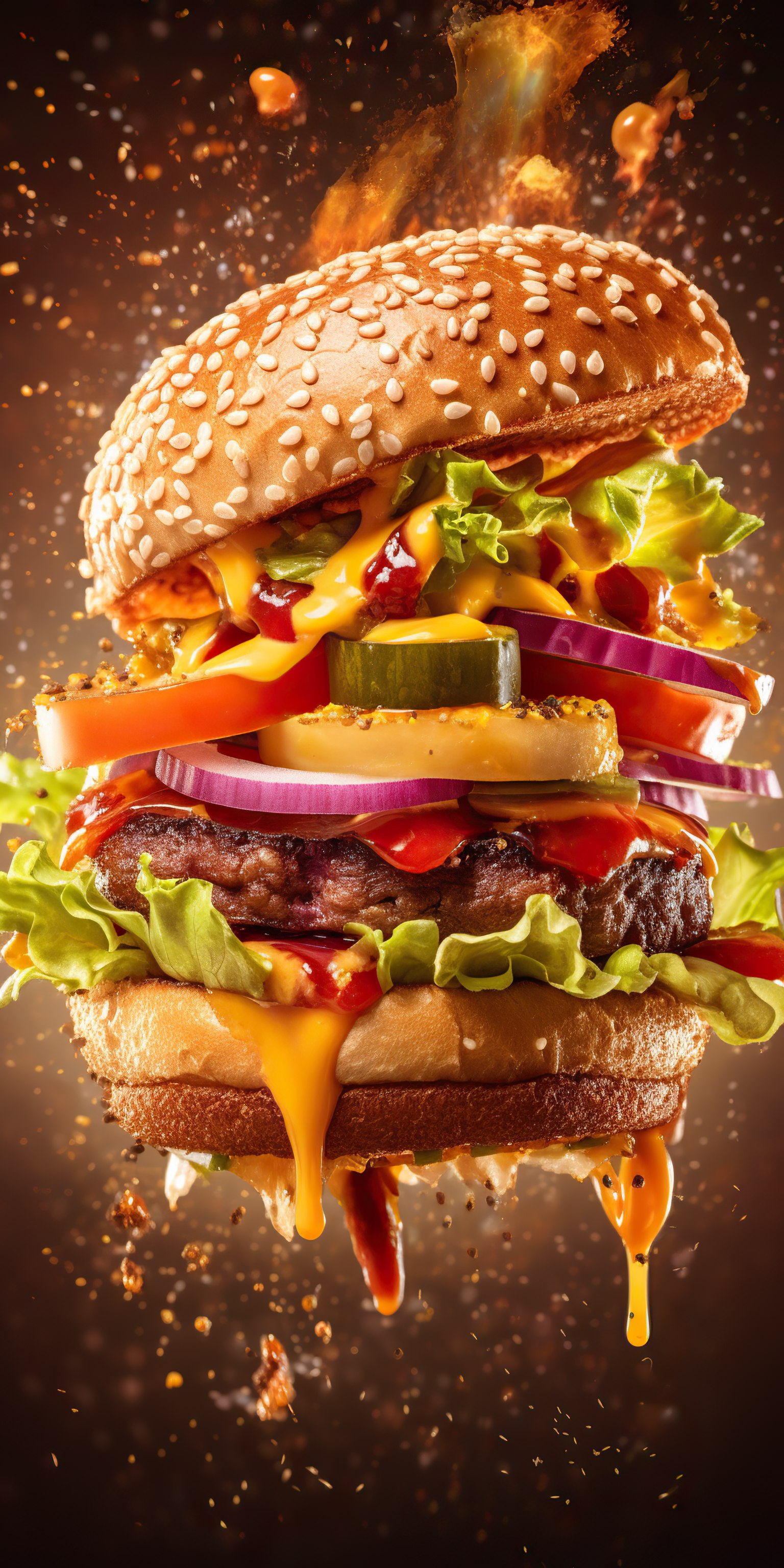 Delicious burger with melted cheese tomatoes onion and salad on dark background