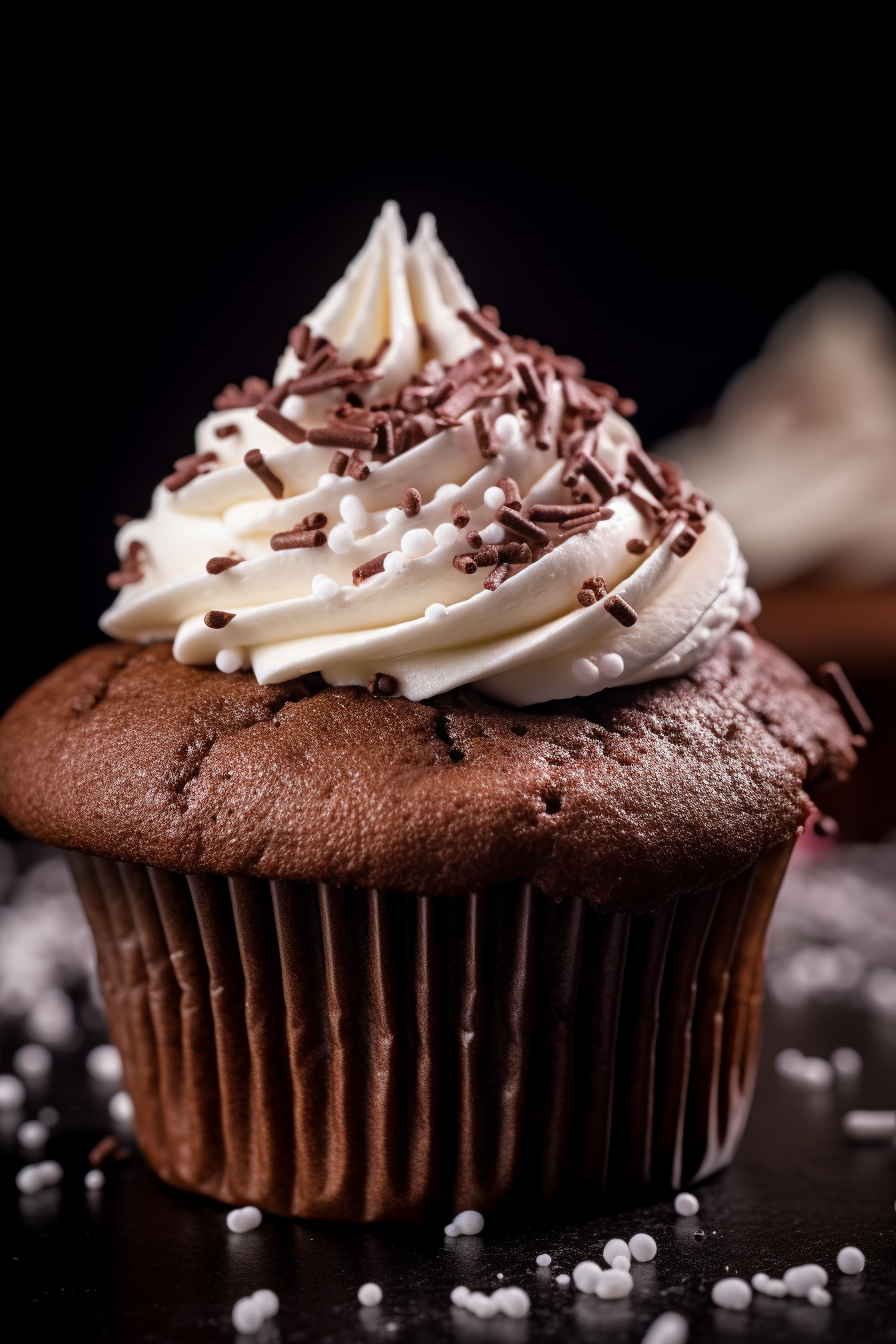 Delicious cupcake topped with buttercream and chocolate