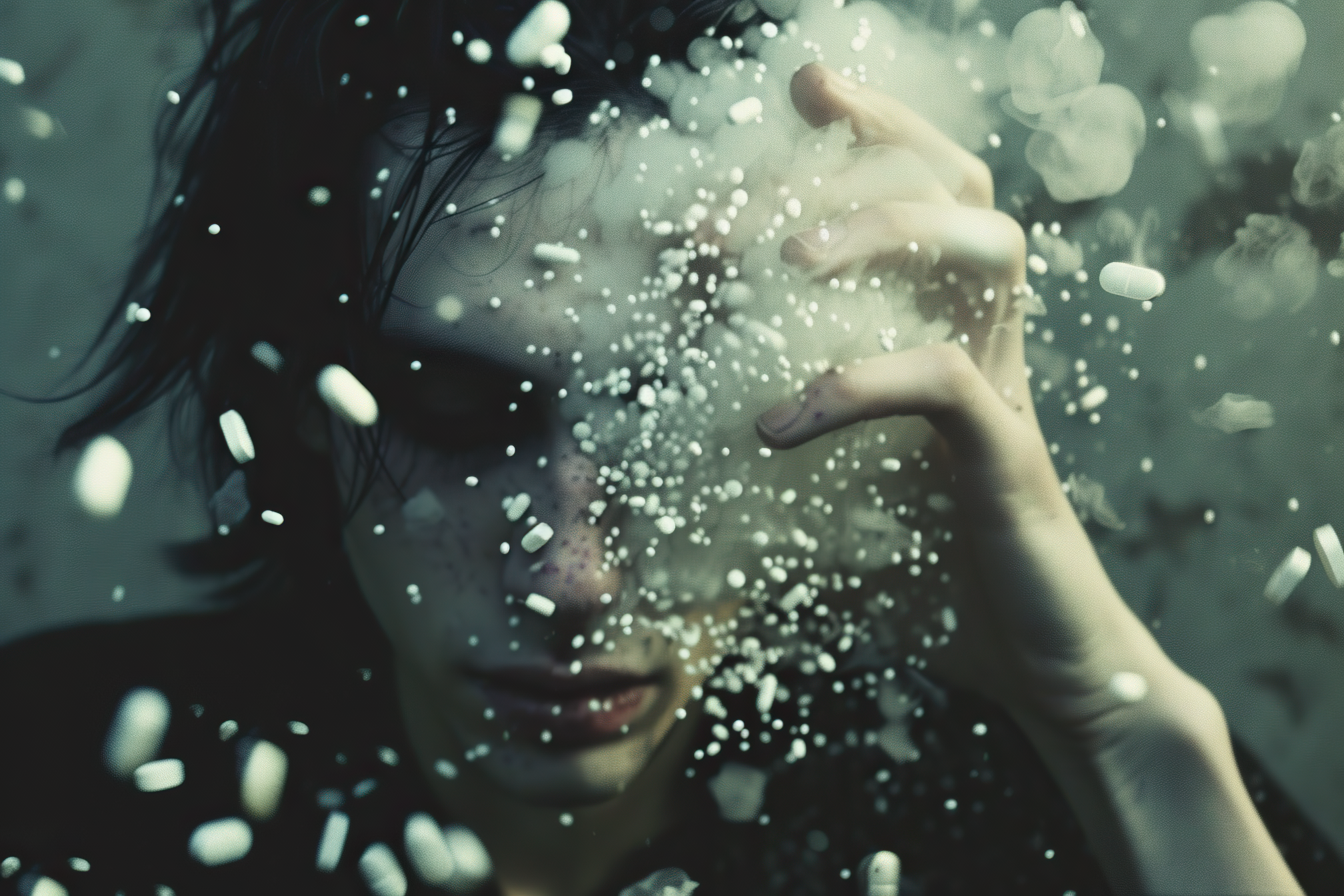 Drug pills and addicted concept, depressed adult handsome boy, AI Generative