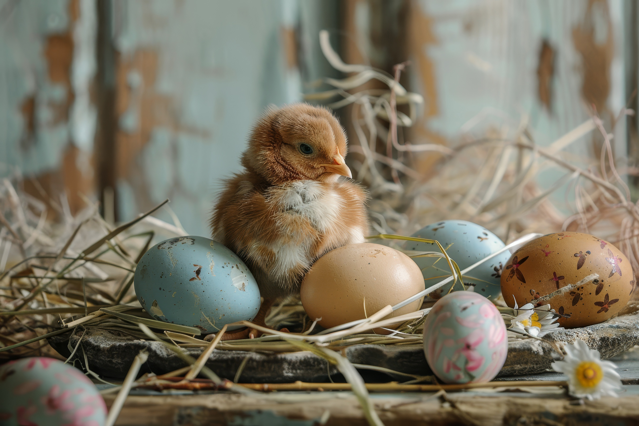 Easter chick with easter colorful eggs