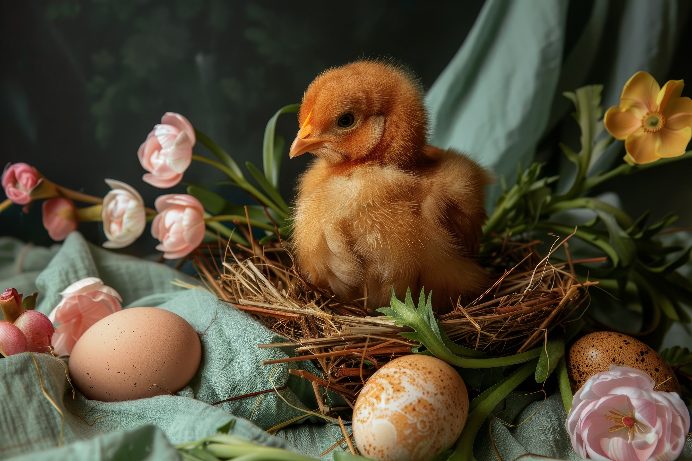Easter chick with easter colorful eggs