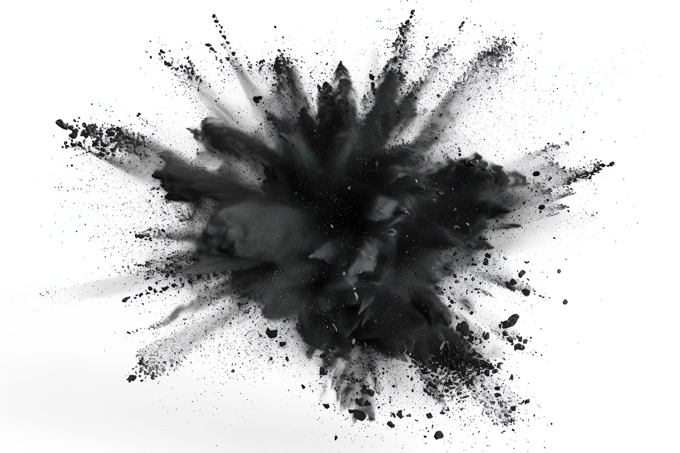 Explosion of black colored powder on white background