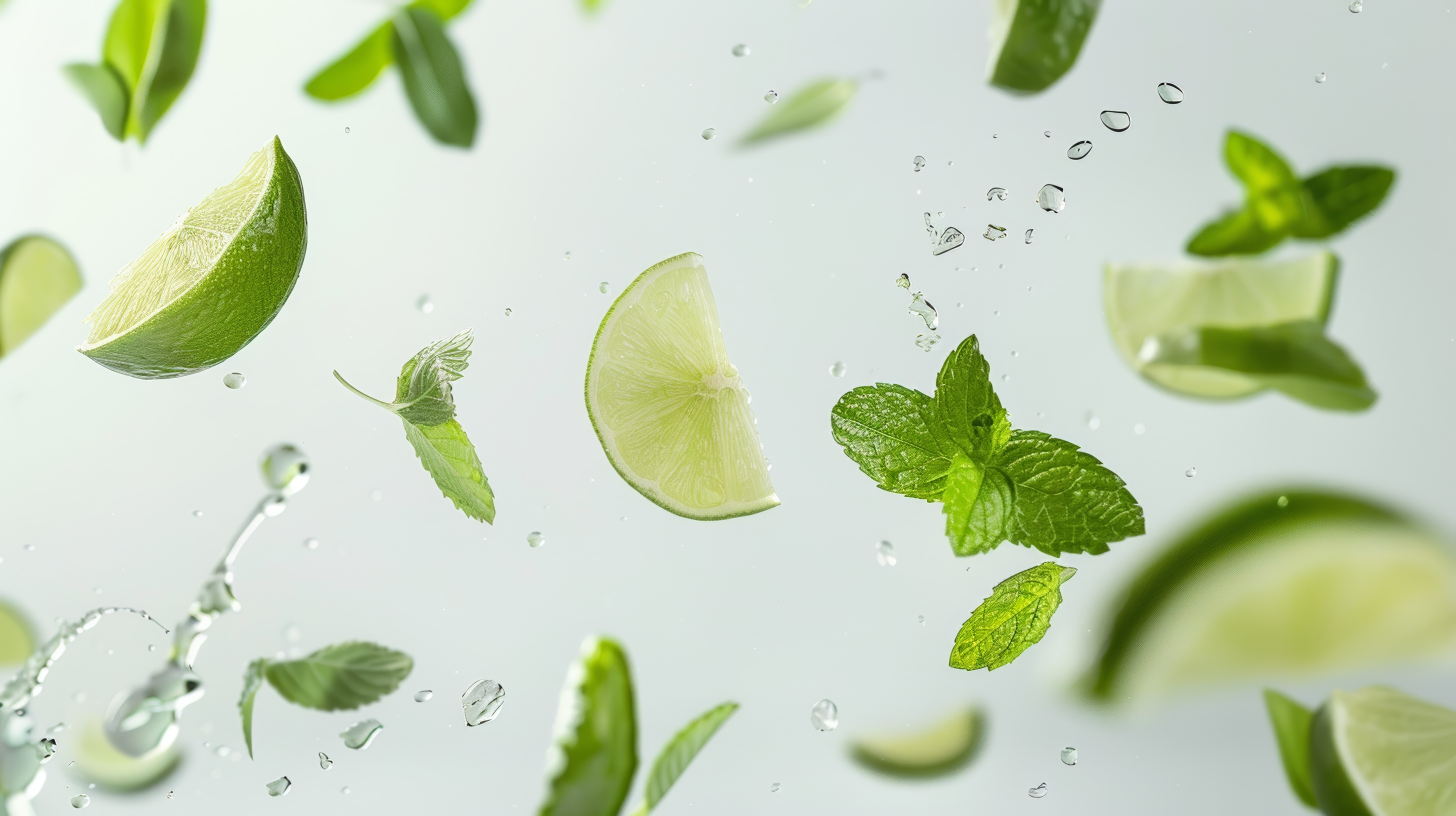 Floating lime slice with mint leaves on white background
