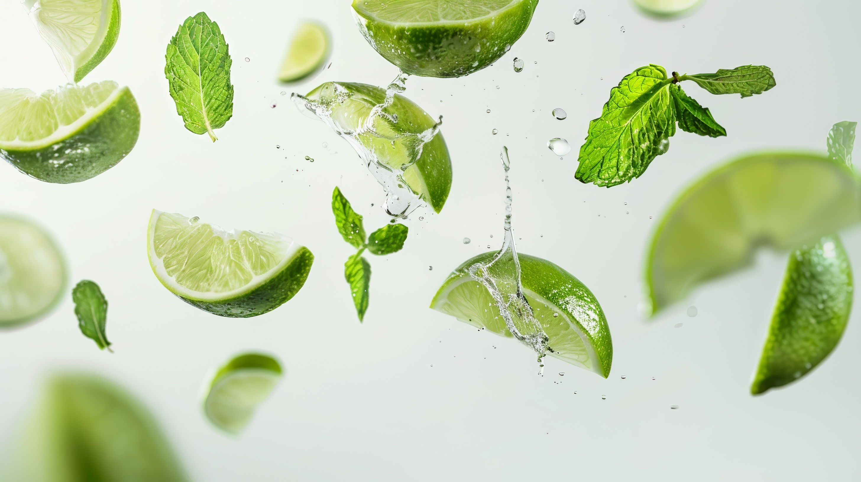 Floating lime slice with mint leaves on white background