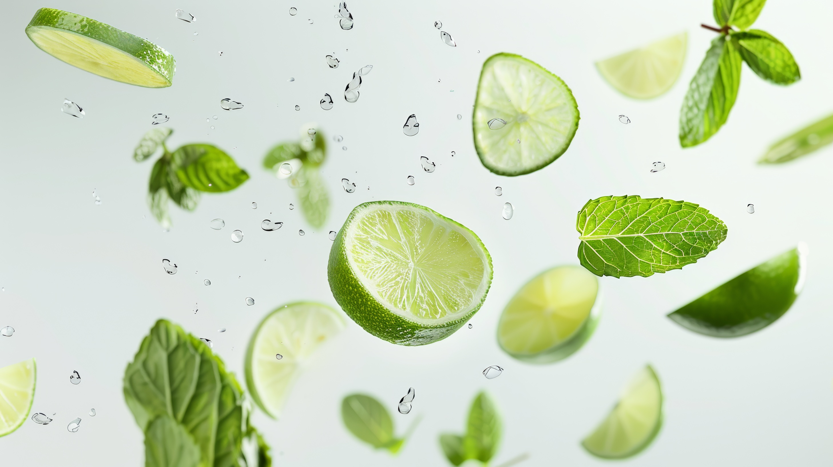 Floating lime slice with mint leaves on white background