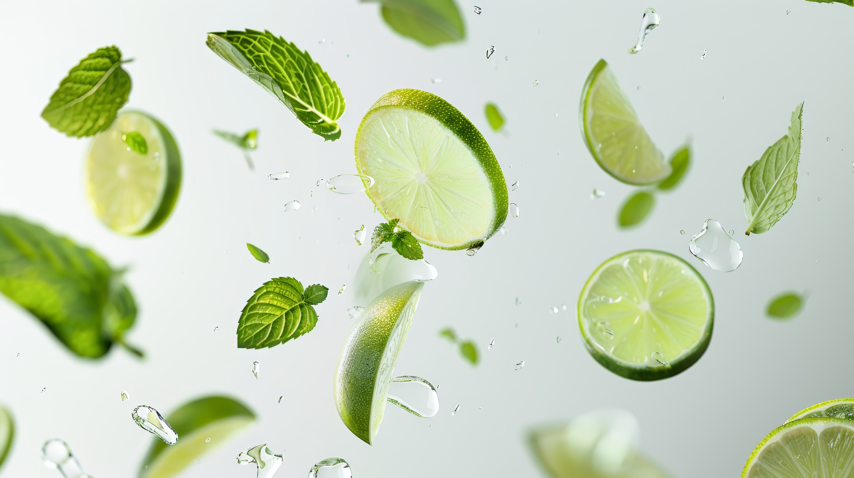 Floating lime slice with mint leaves on white background