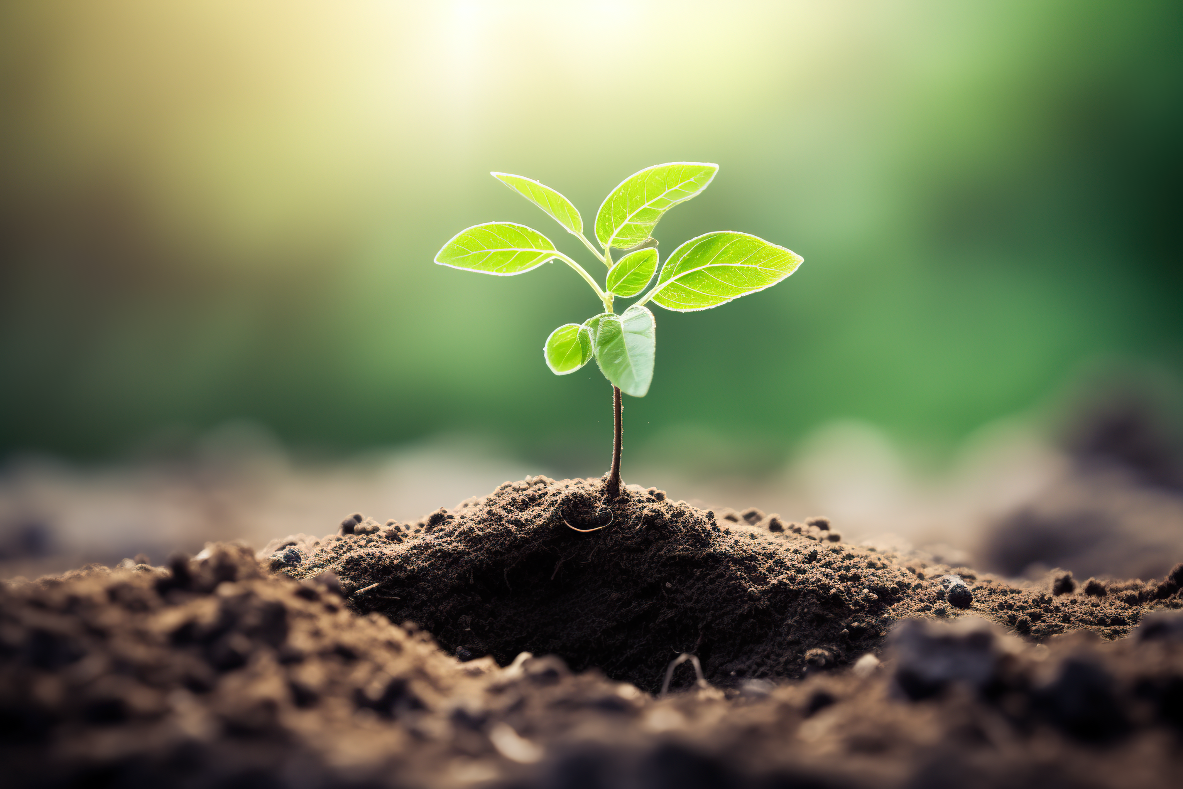 Flourishing tree sapling, young plant growing out from the soil