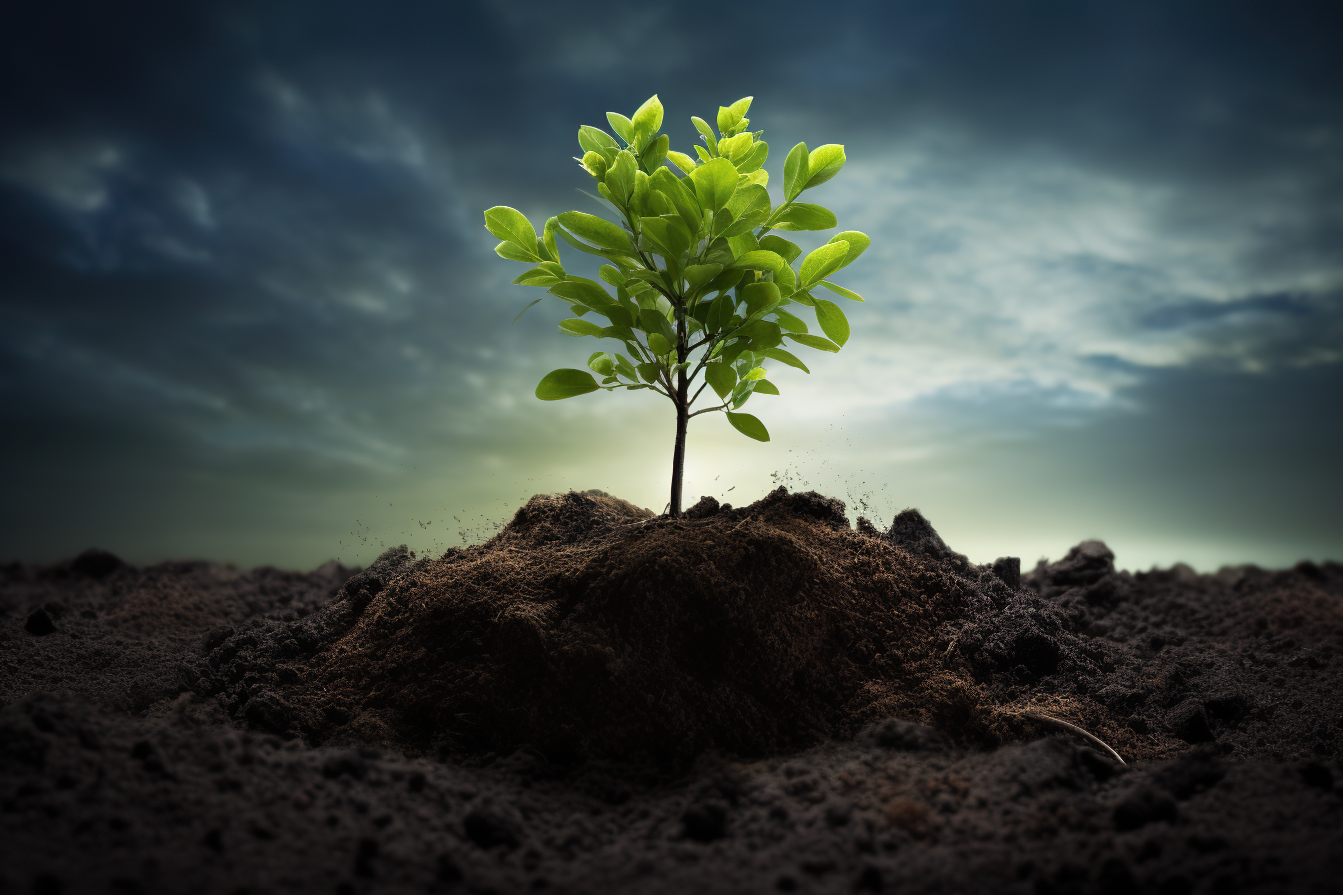 Flourishing tree sapling, young plant growing out from the soil