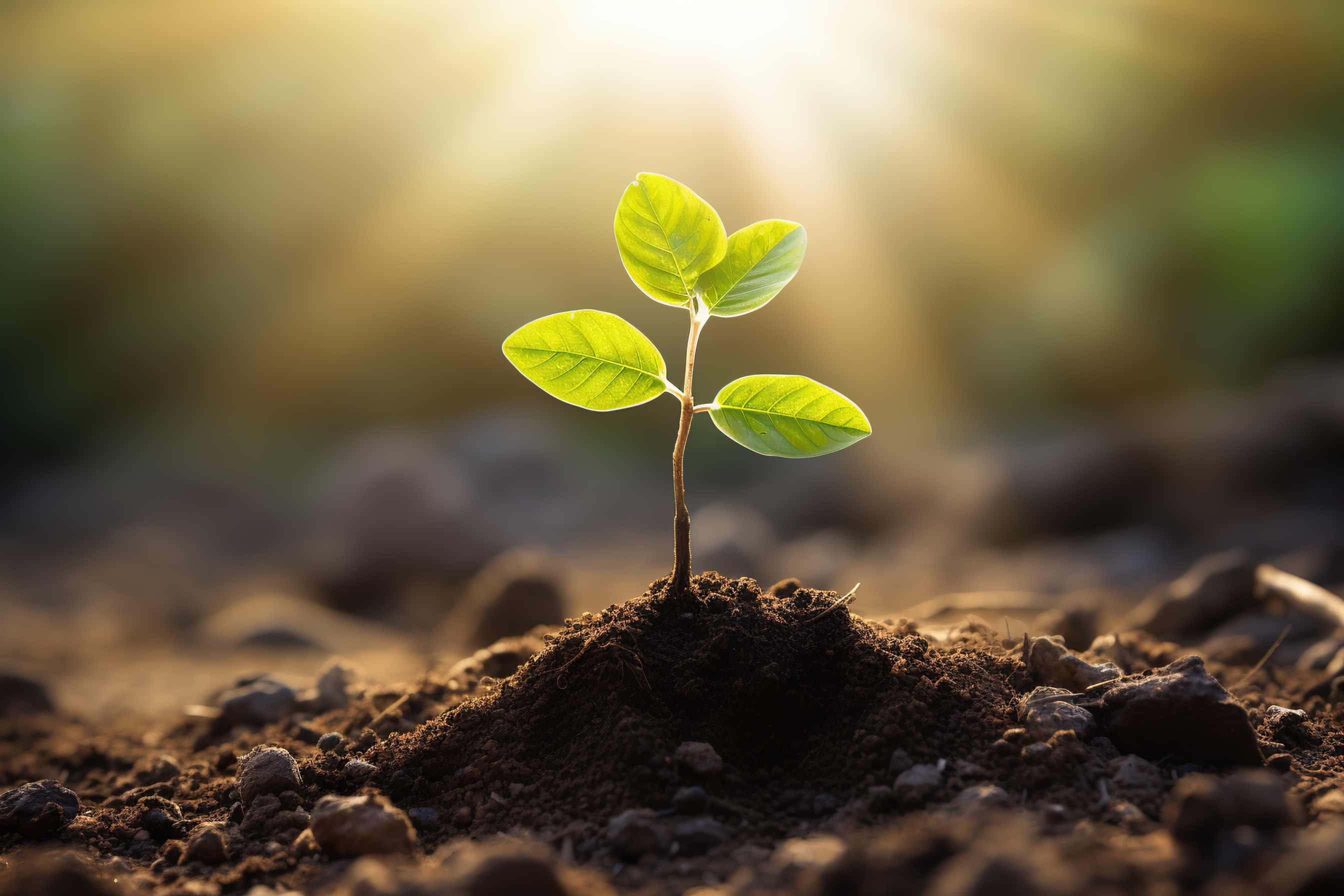 Flourishing tree sapling, young plant growing out from the soil