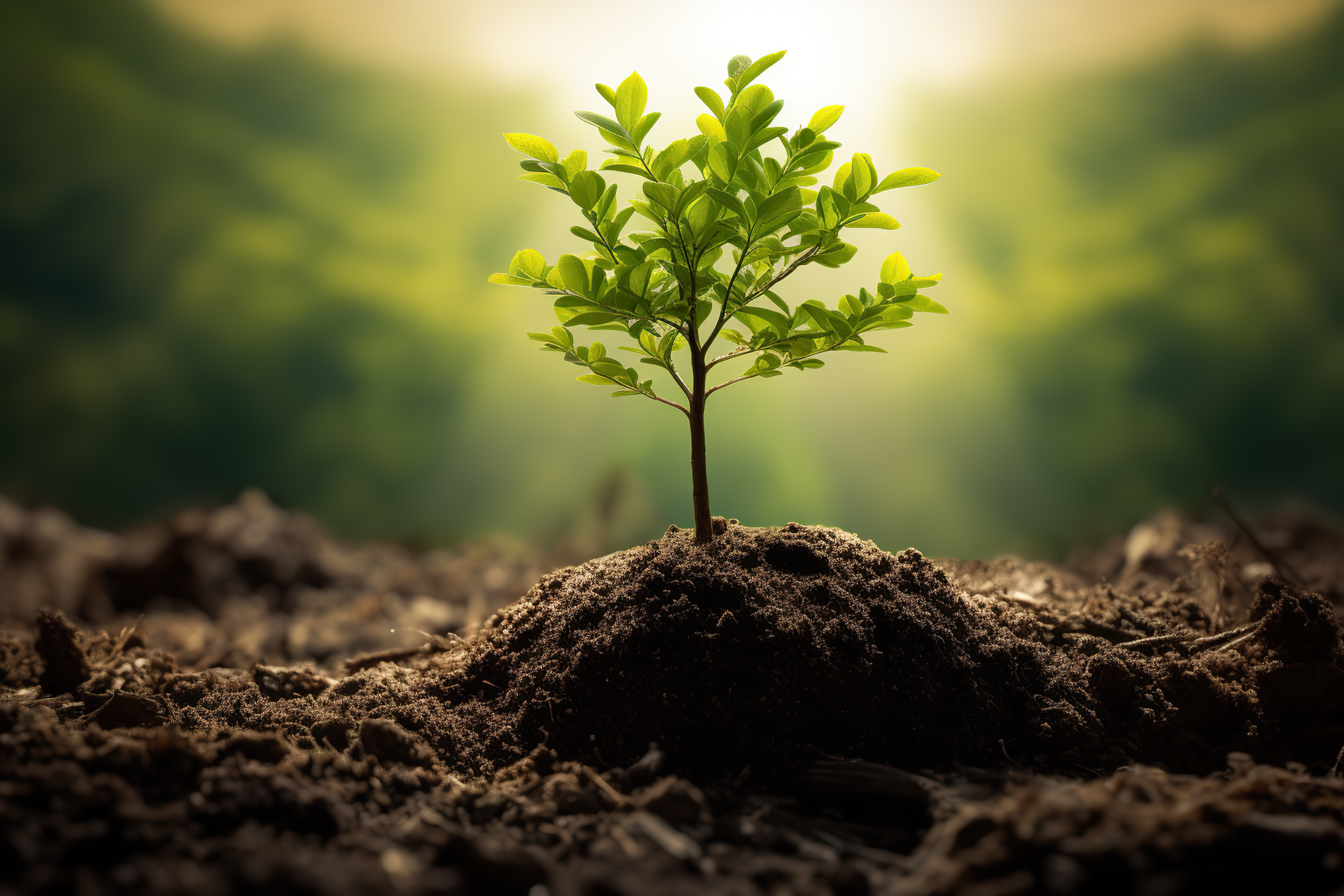 Flourishing tree sapling, young plant growing out from the soil