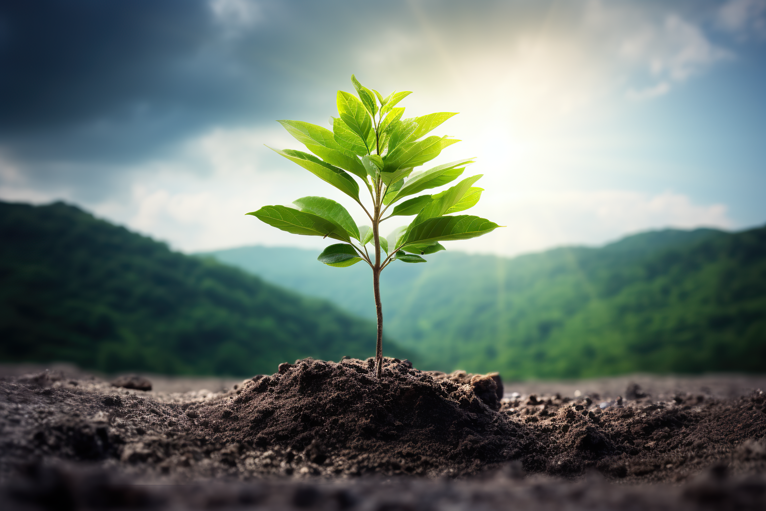 Flourishing tree sapling, young plant growing out from the soil