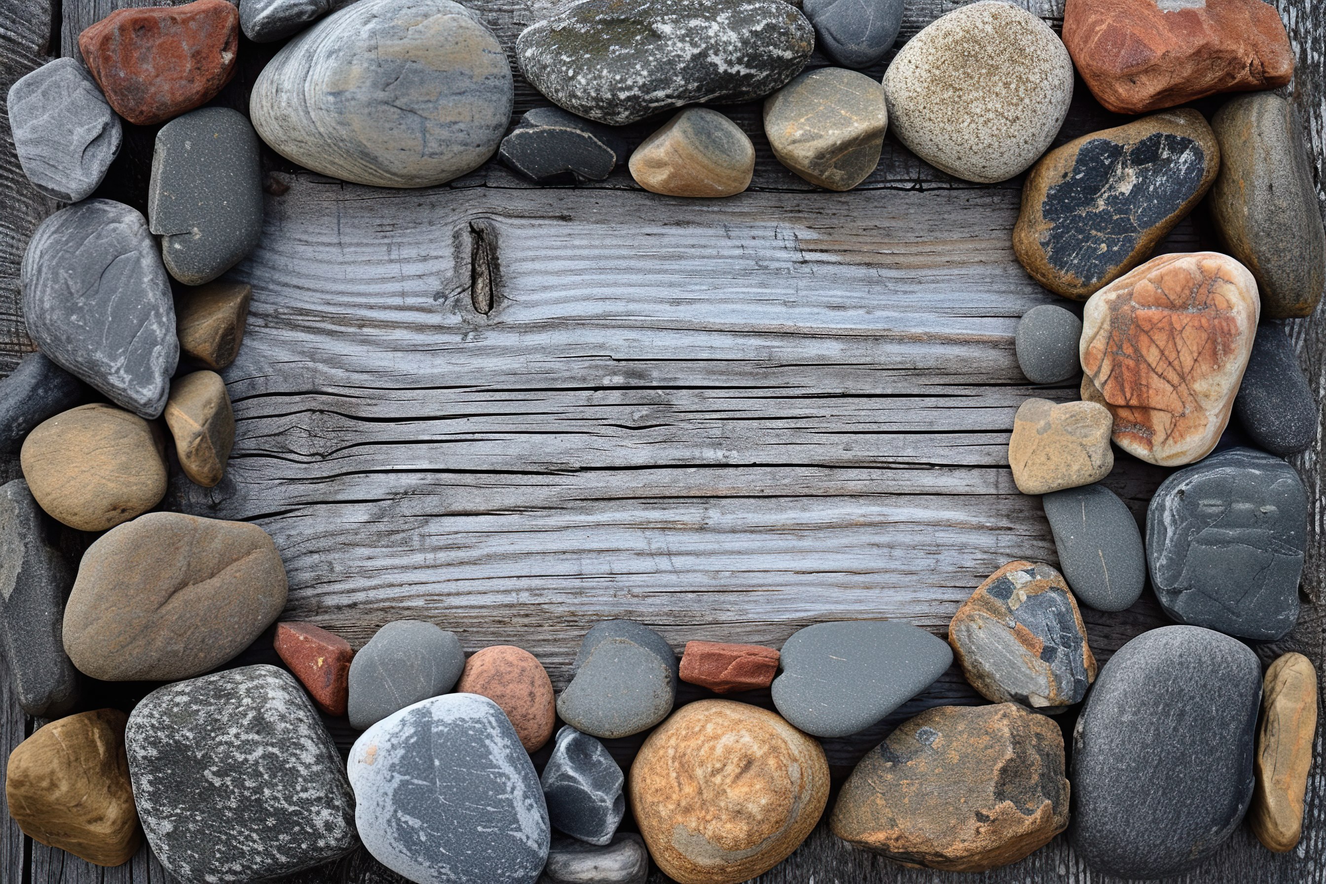 Frame made of pebble stones with wooden background